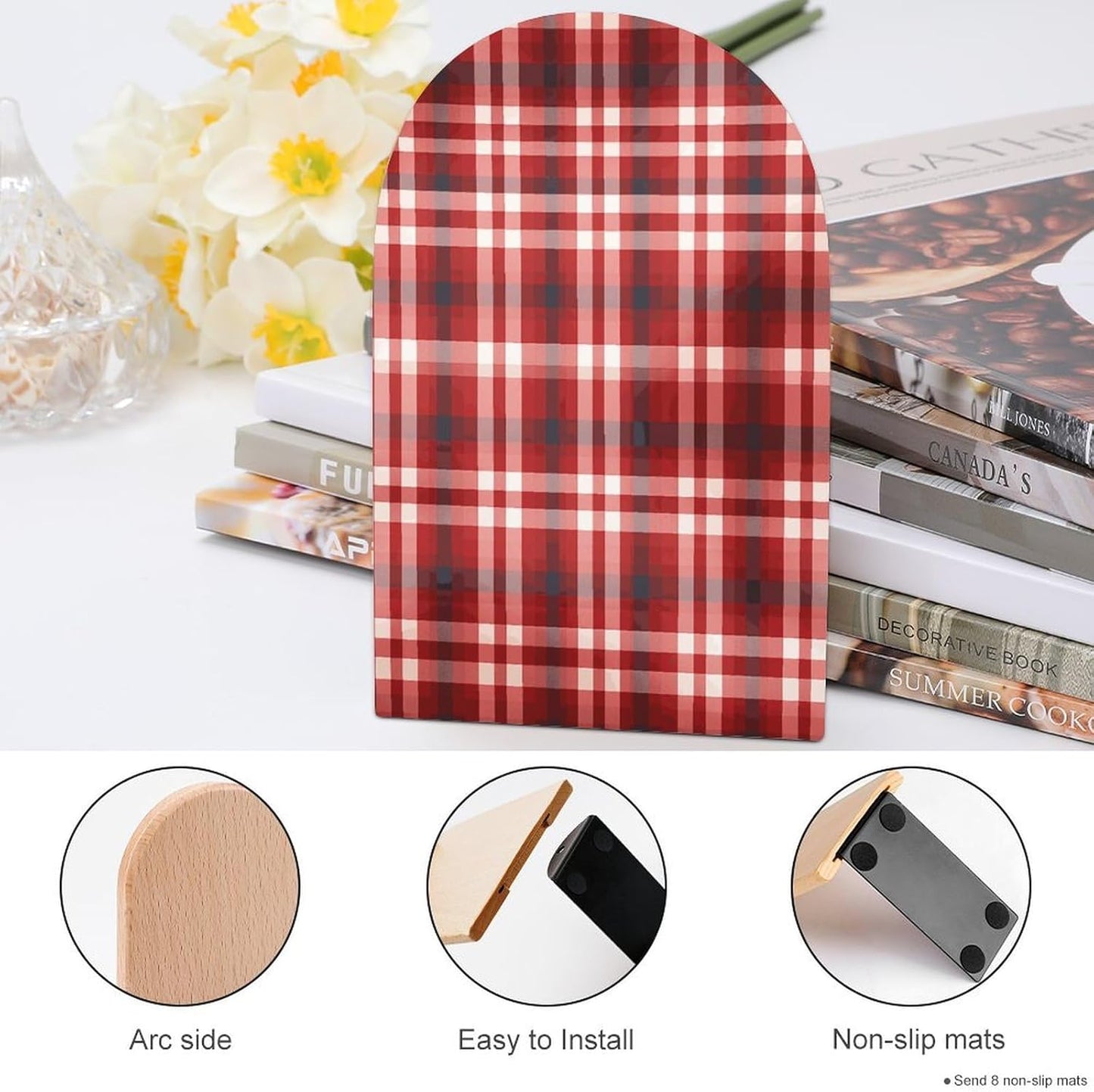Red Plaid Bookend for Shelves Wooden Book End Large Size Sturdy Book Holders Stoppers with Metal Base for Bookshelves Slick Decorative Bookends Stands