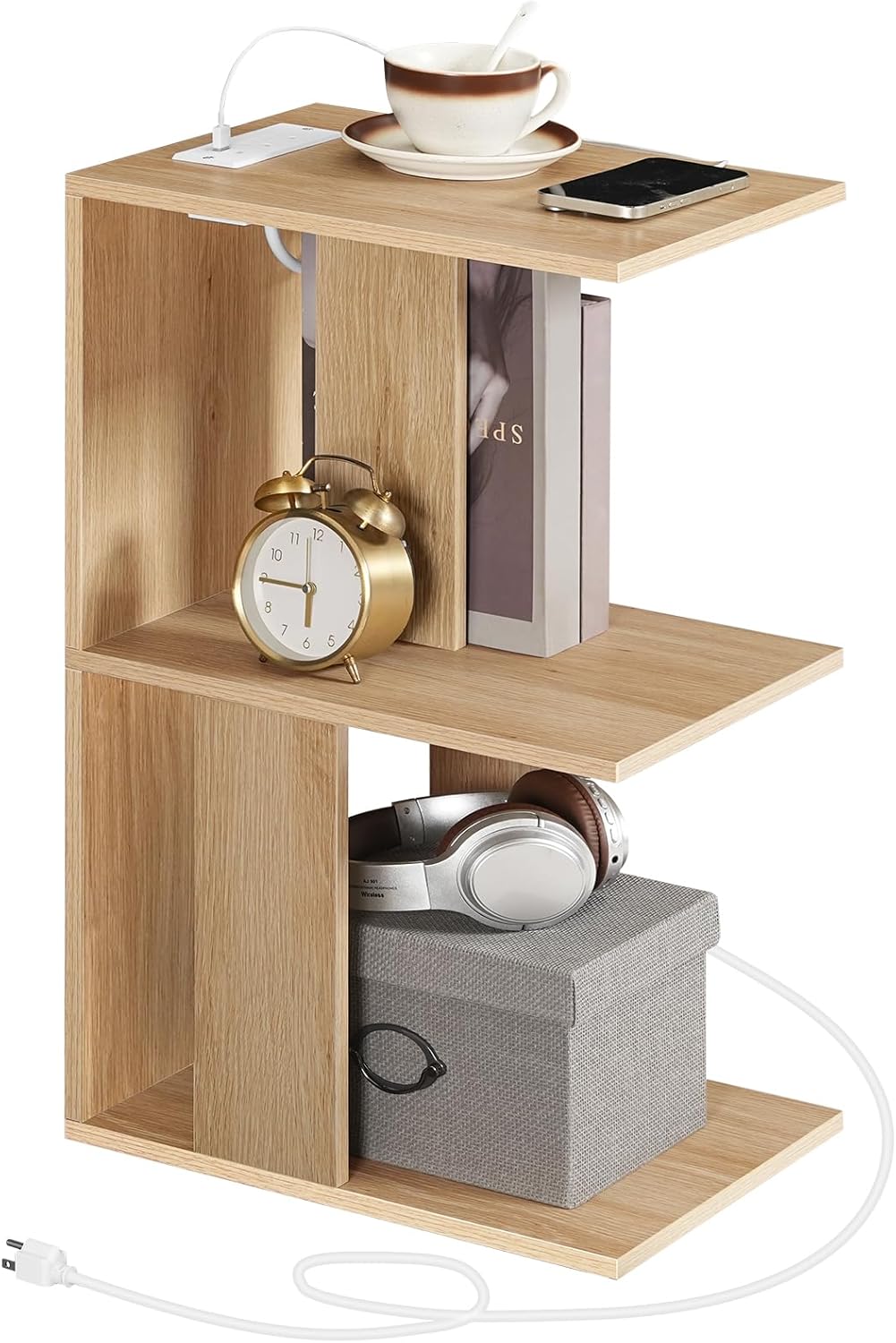 Modern End Table with Charging Station, Narrow Side Table for Small Spaces with 2 Open Storage Shelf, Narrow Nightstand with Light, Thin Bedside Table for Living Room, Natural ETNA18E01