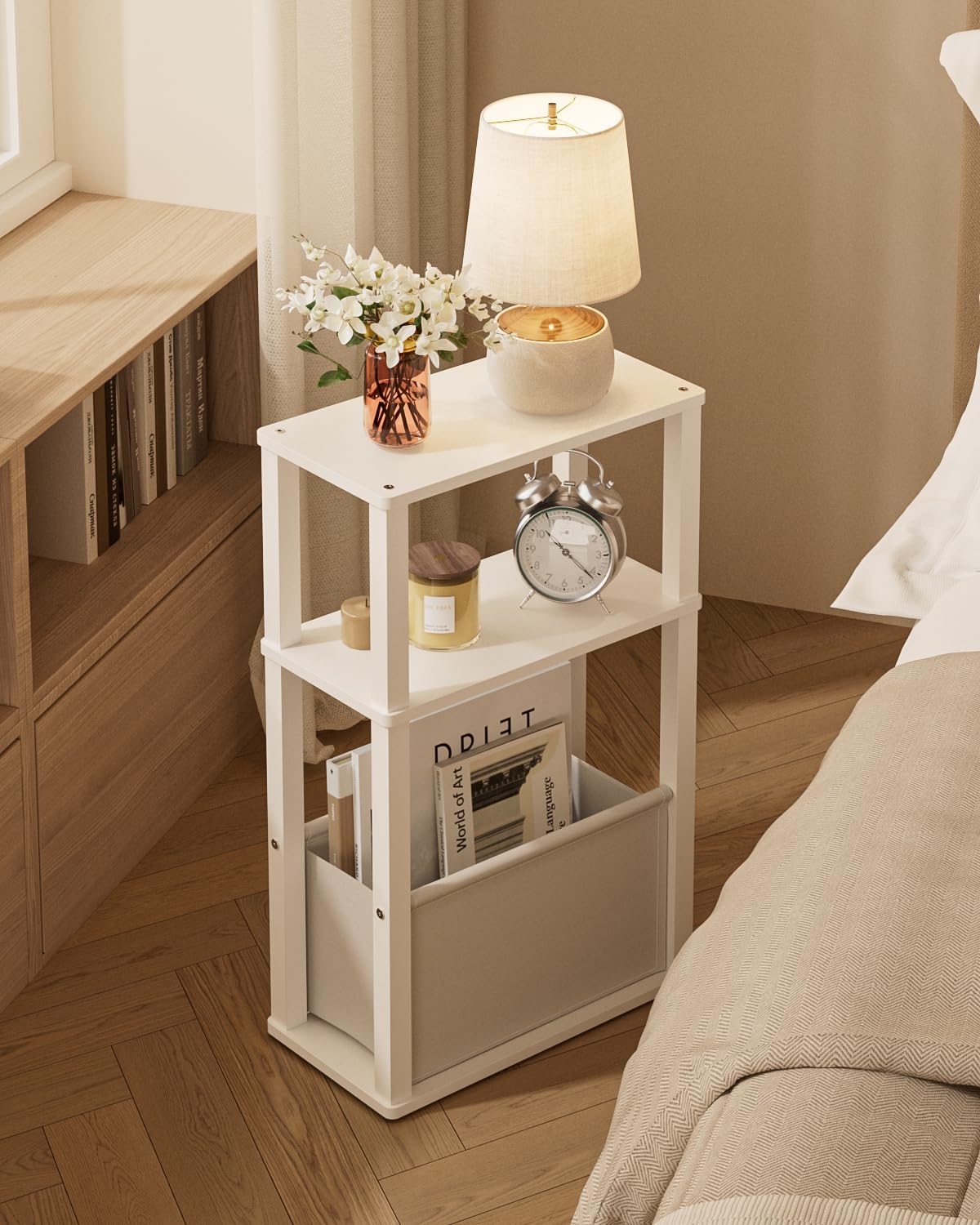 Narrow Wood Side Table, 3-Tier Night Stand with Storage Bag, Skinny Nightstand for Small Spaces, Bedside Table for Living Room, Bedroom, White