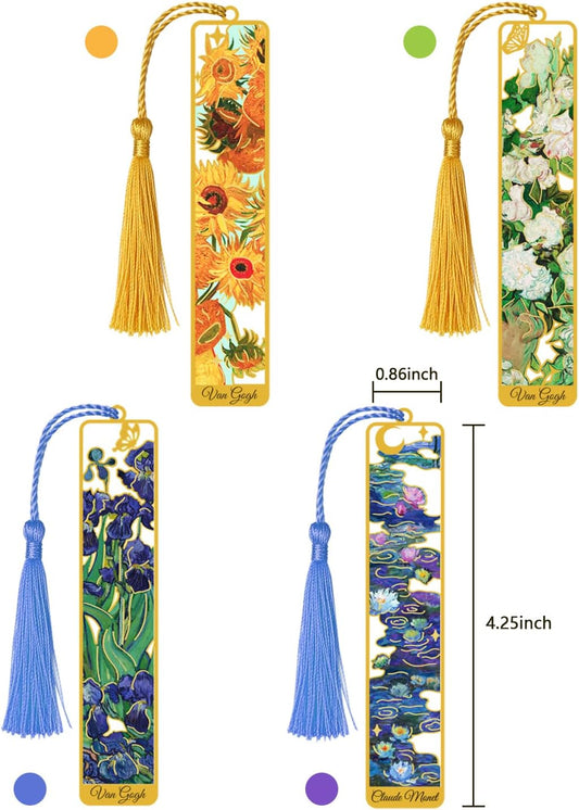 4 Pieces Metal Bookmarks with Tassel, Golden Hollow Bookmark Van Gogh Monet Oil Painting Theme Book Marker for Book Lovers Writers Readers Children Teens Men Women Adults