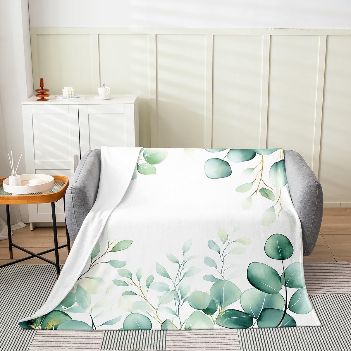 Erosebridal Green Leaves Throw Blanket,Modern Watercolor Botanical Fleece Blanket 40X50,Minimalist Style Blanket for Kids Girls Boys,Nature Fuzzy Blanket Soft Microfiber Bedroom Decor