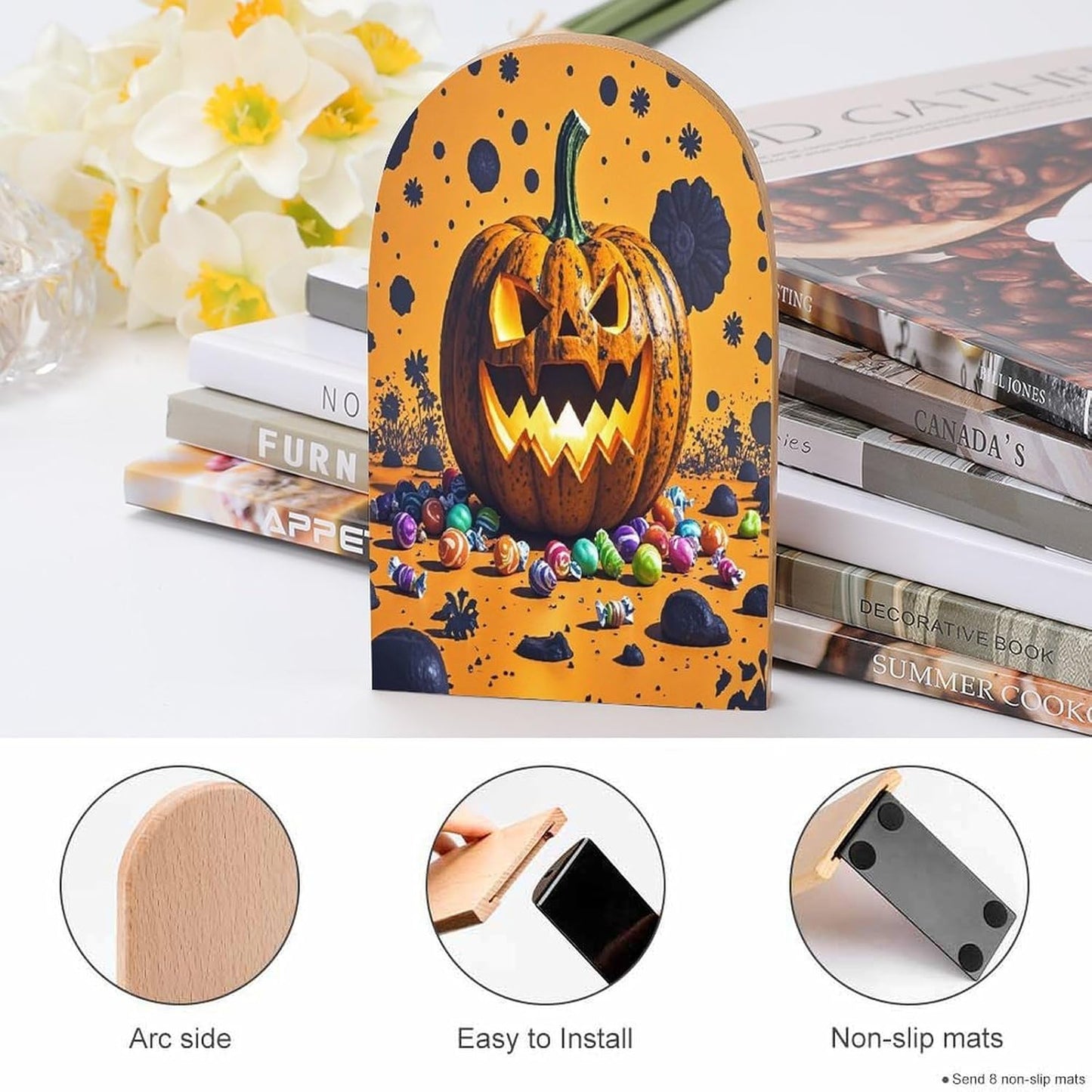 Halloween Pumpkin Monster Bookends 1 Pair Heavy Duty Book Ends for Shelves Non-Skid Bookend Supports Wooden Book Holders with Metal Base Desk Organizers Books Storage to Hold Books