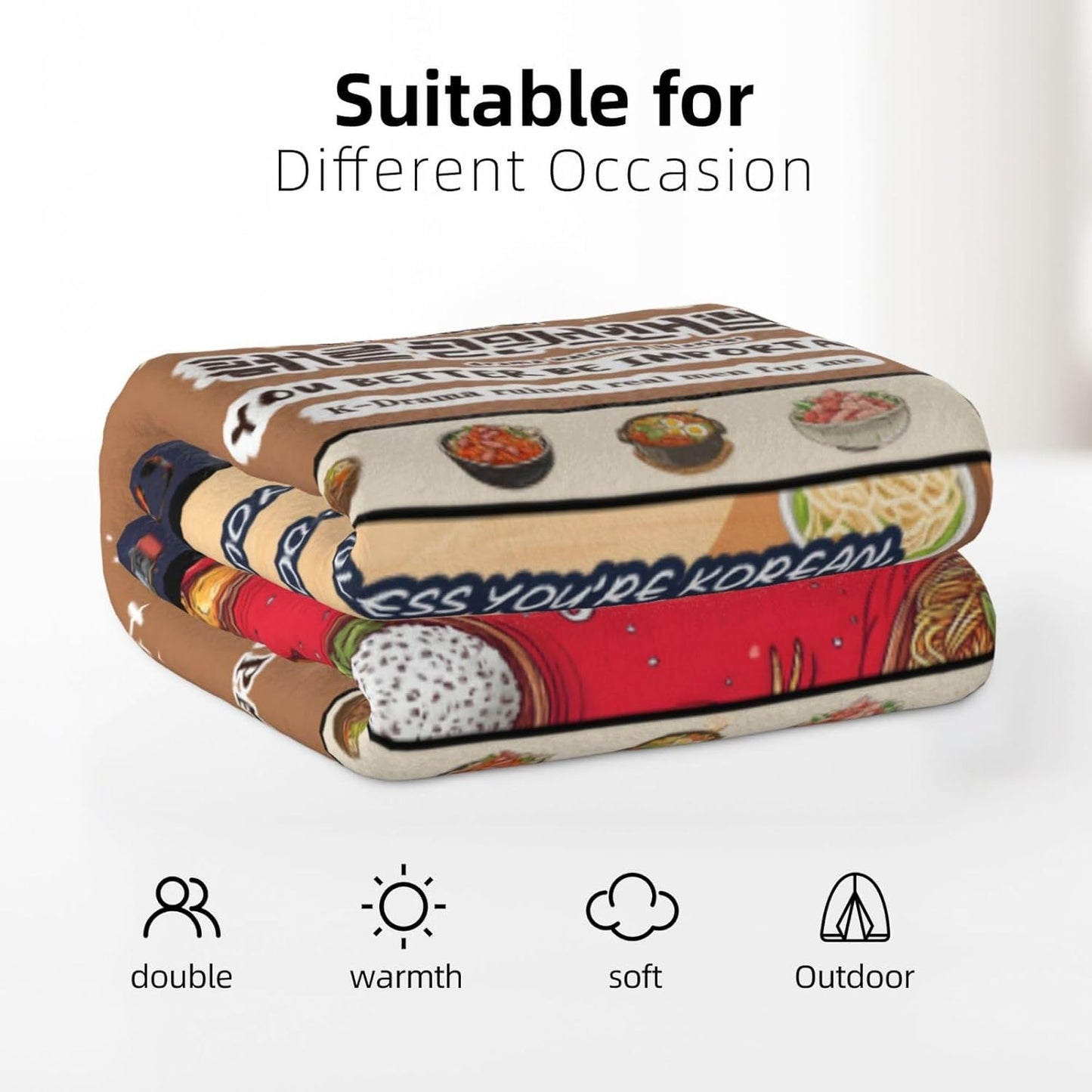 Kdrama Watching Blanket 60x50 Flannel, Korean Food Collage Ramyeon Ramen Bibimbap Tteokbokki, Soft Cozy Tv Throw for Couch Sofa, Kawaii Cartoon Gift for K-Culture Fans