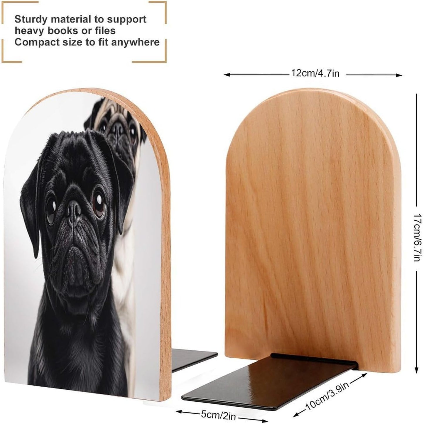 Cute Black Pug Dog Bookends Wooden Book Ends for Shelves Big Sturdy Book Holders Stoppers with Metal Base for Shelves Heavy Duty Book End Office Book Stopper