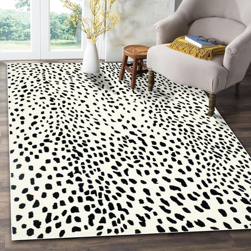 Hand Tufted Black & White Dalmatian Animal Print Area Rug – 12x15 Ft – Modern Abstract Carpet for Living Room & Bedroom