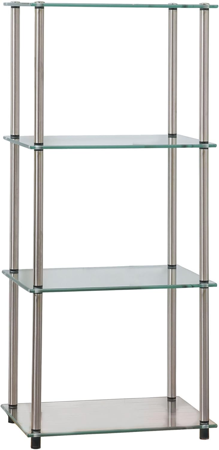 Convenience Concepts Designs2Go 클래식 유리 4단 타워 45.1cm(17.75인치) - 거실용 모던 미디어 스테인리스 스틸 책장, 가족방, 욕실, 사무실, 유리/크롬 디스플레이 보관 선반