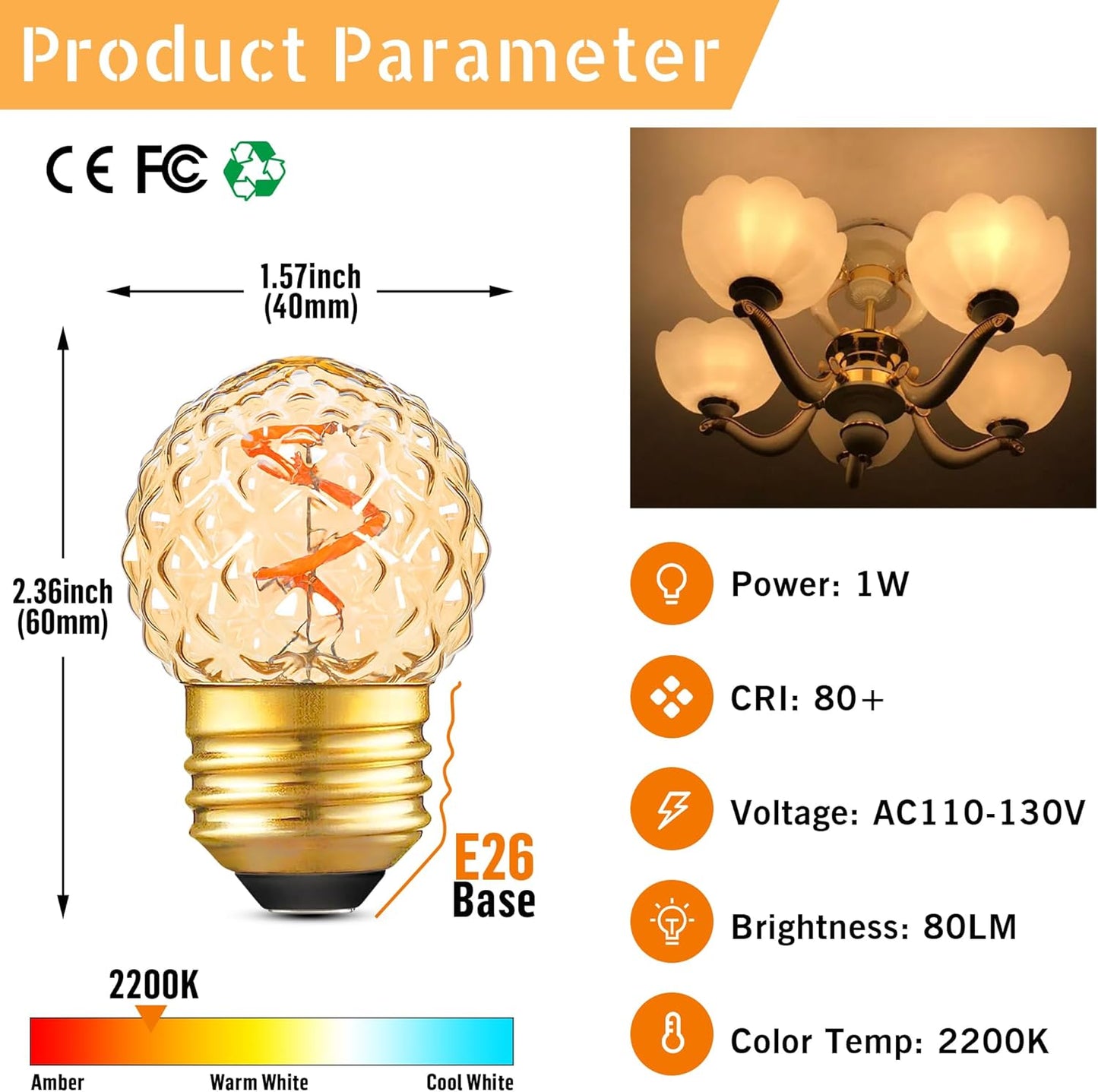 G40 LED Low Watt Light Bulbs Warm Glow E26 Amber 1W 10 Watt Light Bulb,Low Lumen Light Bulb Small Edison Short Dim Light Bulbs for Lamp,Bedroom (Amber Spiral Filament 2200K, 6 Count)
