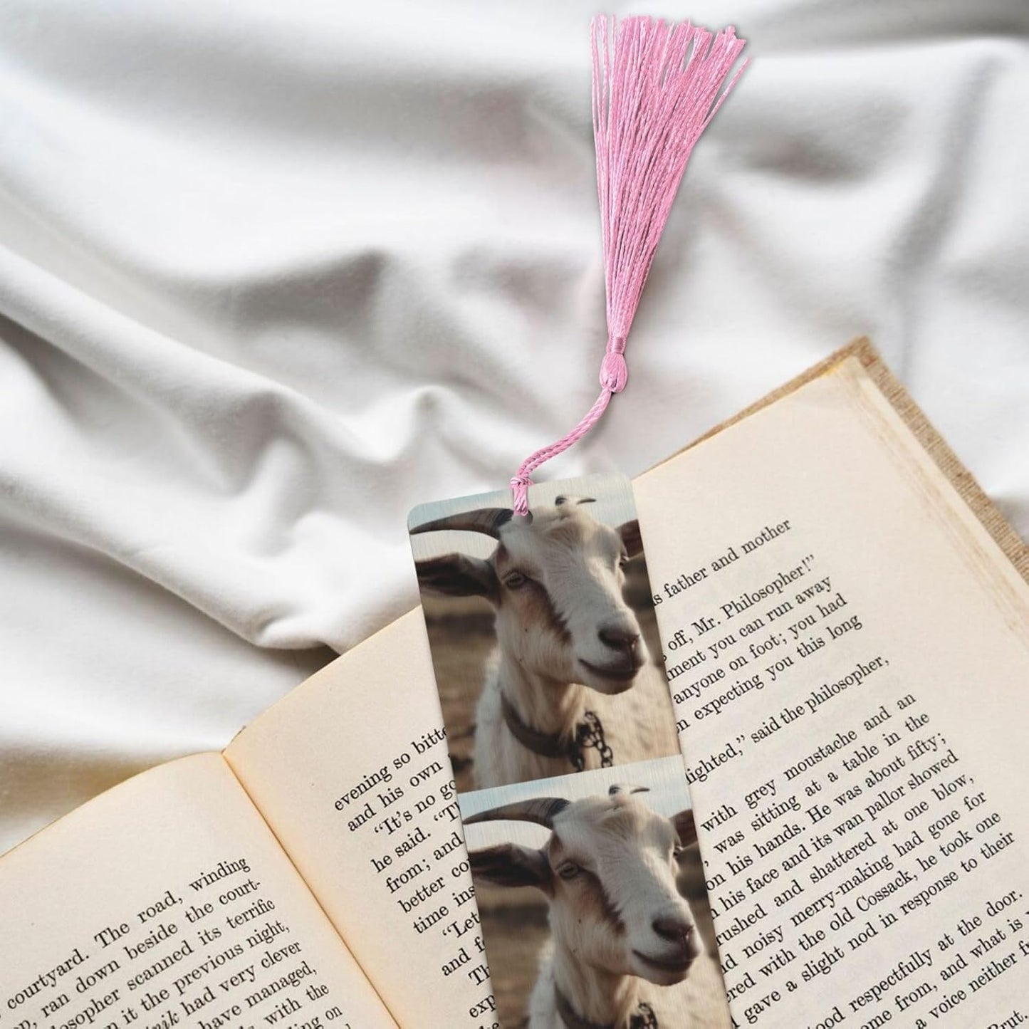 Goat on Hillside Bookmarks Gifts for Women Men, Wooden Bookmarks for Book Lovers, Vintage Book Marks Ornaments with Tassel, Unique Personalized Reading Page Markers Pink
