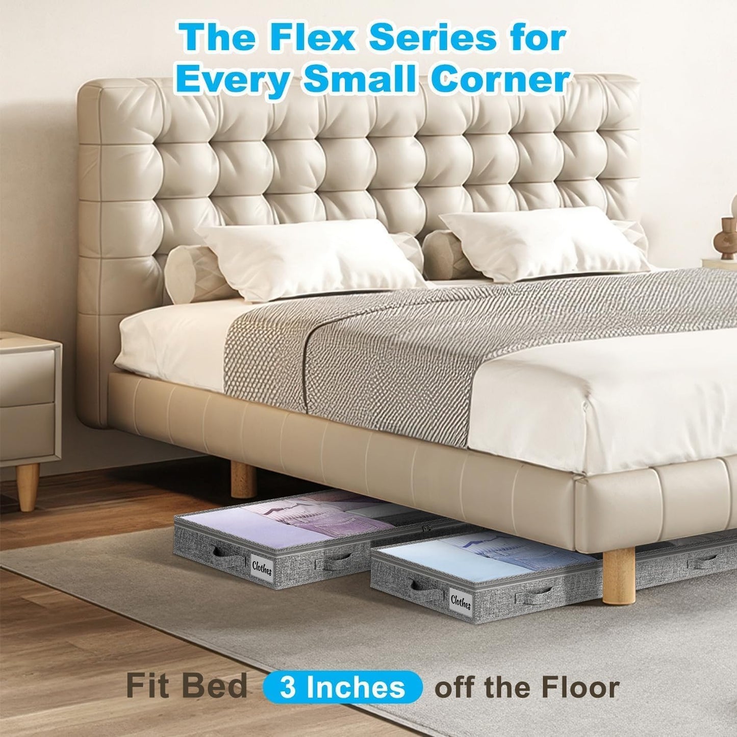 3 Inch Low Profile Under Bed Storage Drawer 2 Pack, Lightweight Underbed Clothes Storage Container Bins with NO STURCTURE, Shallow Storage Bag for Dorm & Home, With Clear Lids & Water-Resistant Fabric