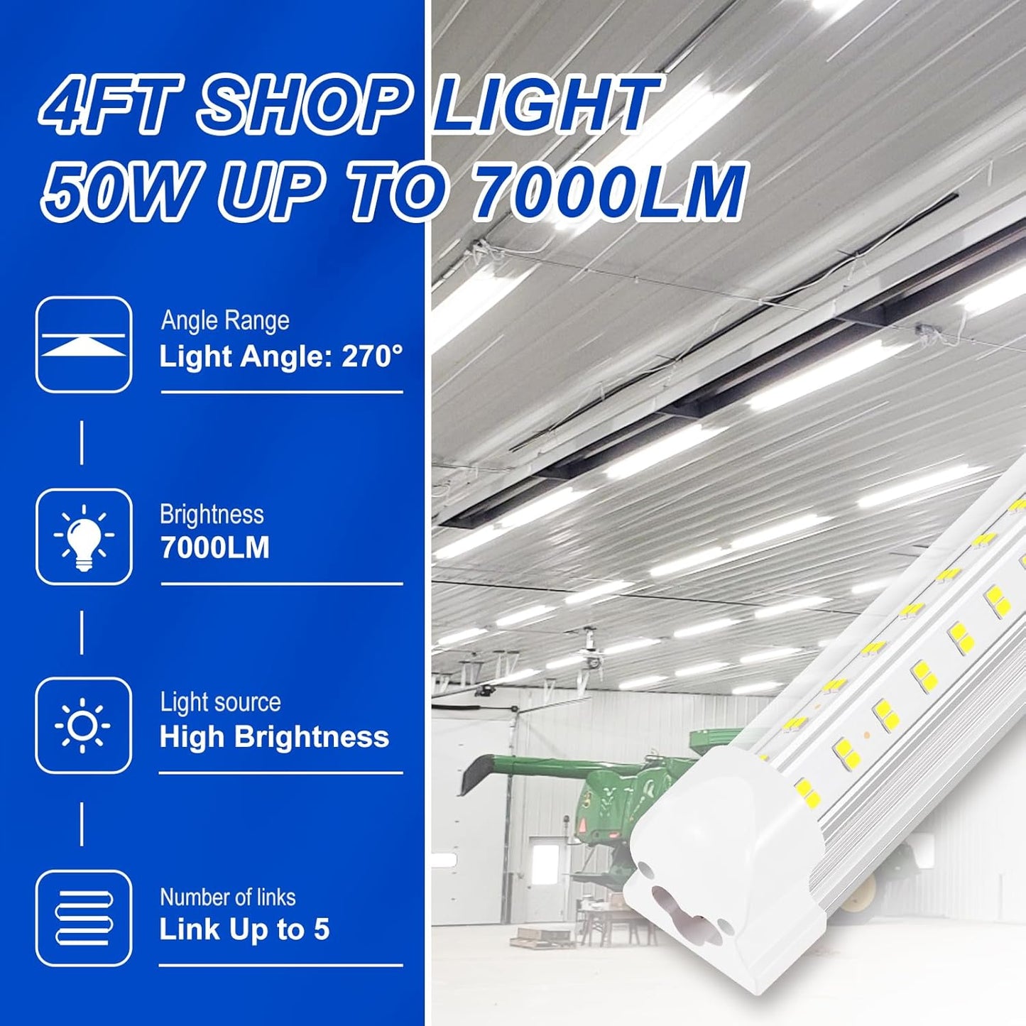 Led Shop Lights, 4FT LED Light 50W 6500K 7000LM Daylight,Led Garage Light,Linkable Clear Cover Integrated V-Shape for Garage Warehouse Workbench Workshop(4-Pack)