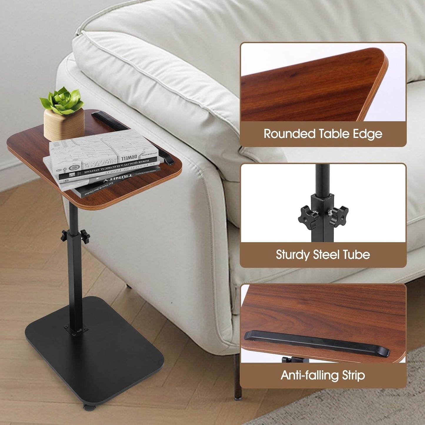 Adjustable C Table End Table, Height Adjustable 360° Swivel TV Tray Table for Small Spaces, Sofa Bedside Laptop Side Table That Slides Under Couch, Living Room & Bedroom (Natural Wood/White)