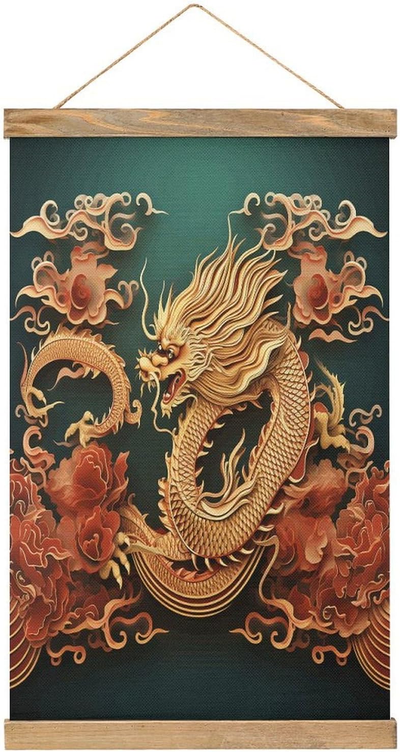 Vintage Dragon Chinese Background Poster with Wooden Frame Personalized Linen Hanging Scroll Painting Rustic Wall Hanging Illustrative Modern Artwork Decor for Home Living Room Bedroom Office