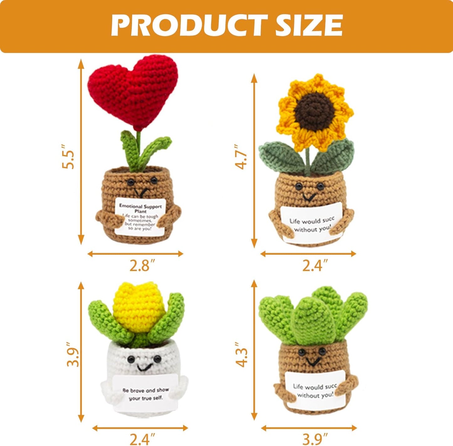 Crochet Positive Plant Set Handmade Knitted Cactus Toy Cute Funny Emotional Positive Life Doll Gifts with Encouraging Card for Coworker Friends Room Decor 4PCS