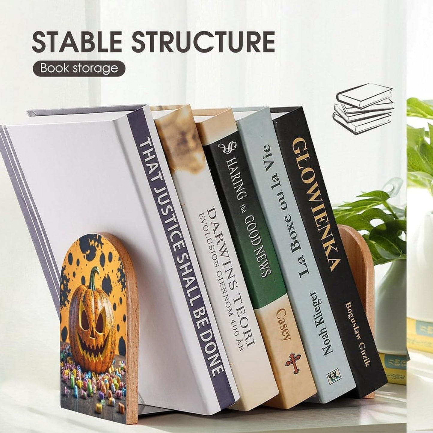 Pumpkins and Candies Bookends 1 Pair Heavy Duty Book Ends for Shelves Non-Skid Bookend Supports Wooden Book Holders with Metal Base Desk Organizers Books Storage to Hold Books