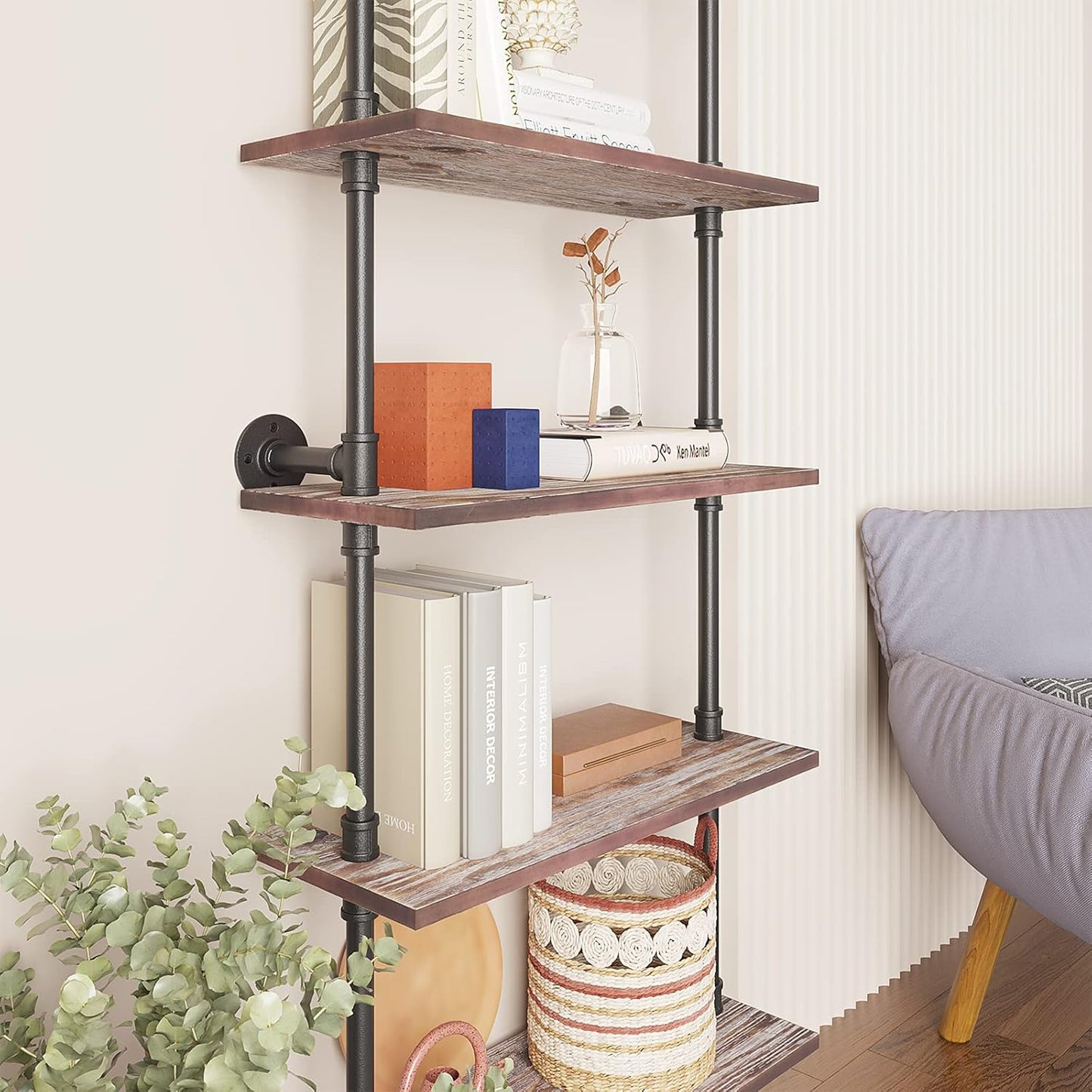 Yuanshikj 5 Tier Industrial Pipe Solid Wood Ladder Shelf/Shevles/Shelving Bookshelf/Bookcase Metal Iron Planks Rustic Wall Mounted for Living Room Decor Storage (5 Tier with 24" Solid Wood)