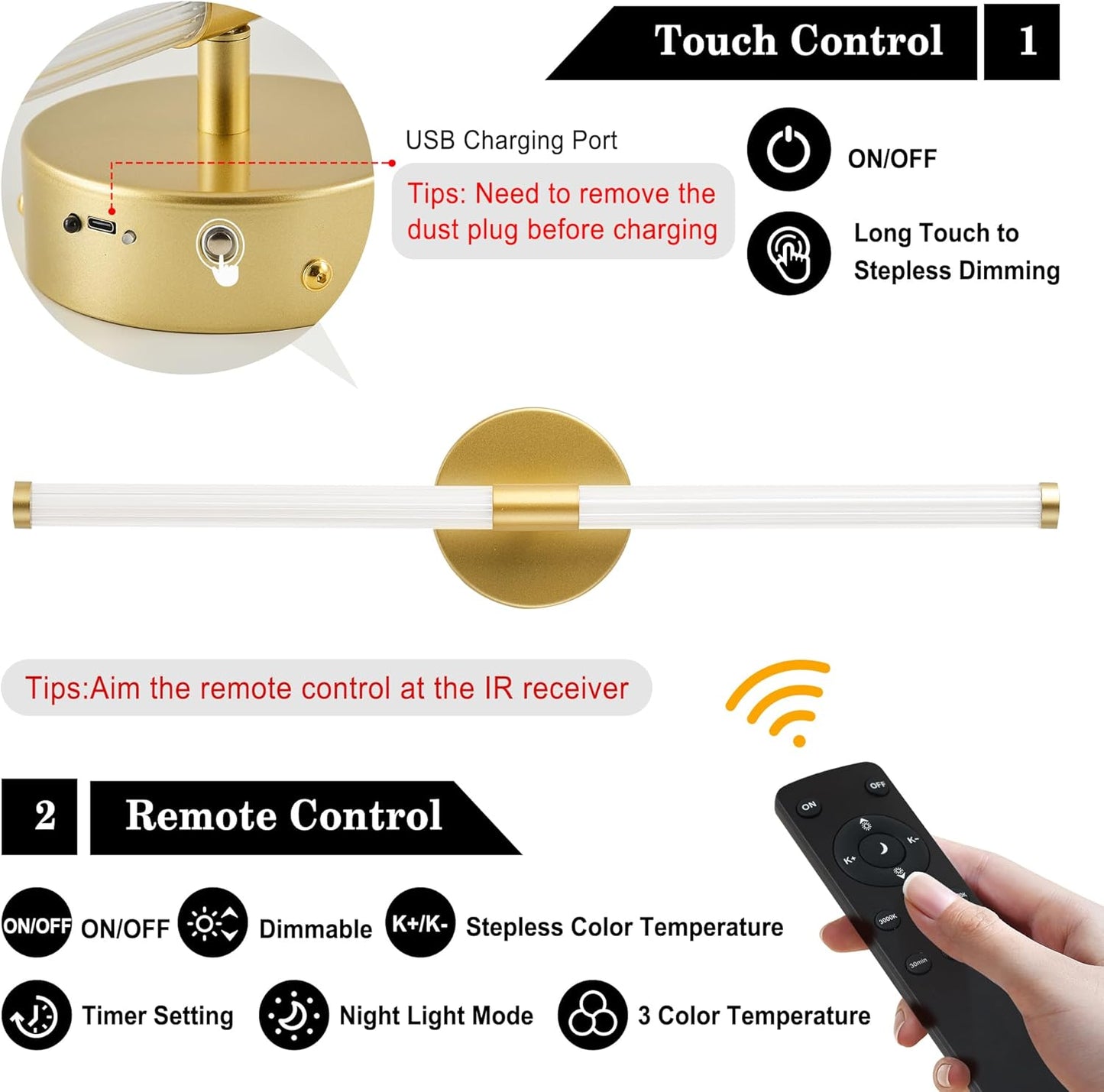 Wireless Wall Sconces Rechargeable Battery Operated LED Wall Light with Remote, 3000K-6000K Adjustable Stepless Dimming for Bedroom, Hallway, Kitchen, 23.6 Inch Gold