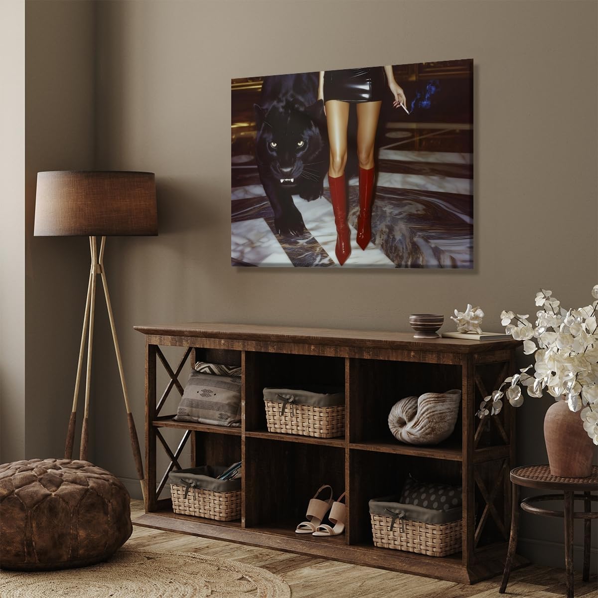 Vintage Trendy Red Boots Wall Art Retro Leopard Canvas Fashion Poster Luxurious Aesthetics Chic Cool Girl picture Print Preppy Room Home Wall Decor 8x12inch Unframed