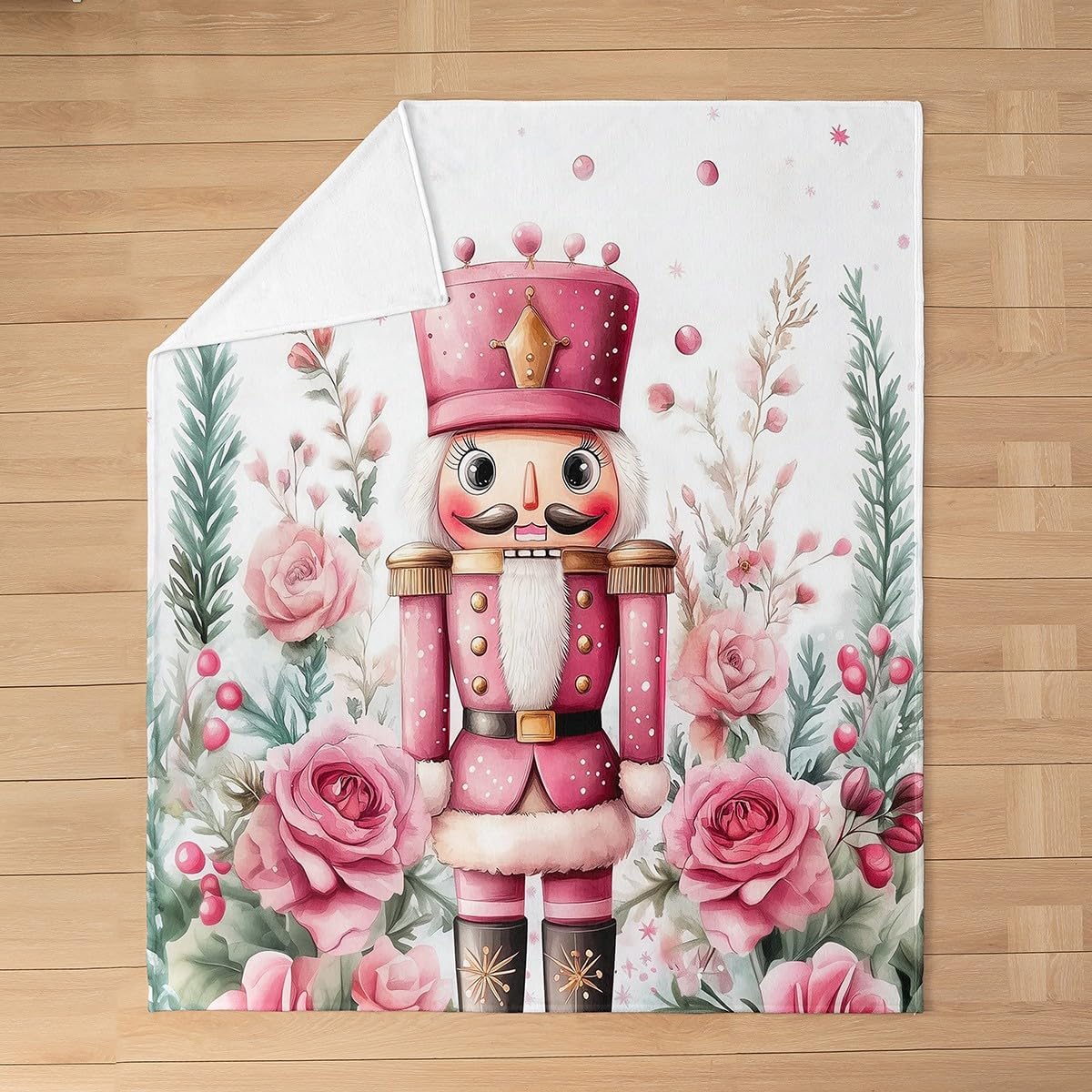 Nutcracker Soldier Flannel Blanket,Pink Rose Flower Blankets for Kids Girls Boys Teens Room Decor,Christmas Theme Fleece Blanket Cartoon Fairy Tale Fuzzy Blanket,for Chair/Sofa,40"×50"