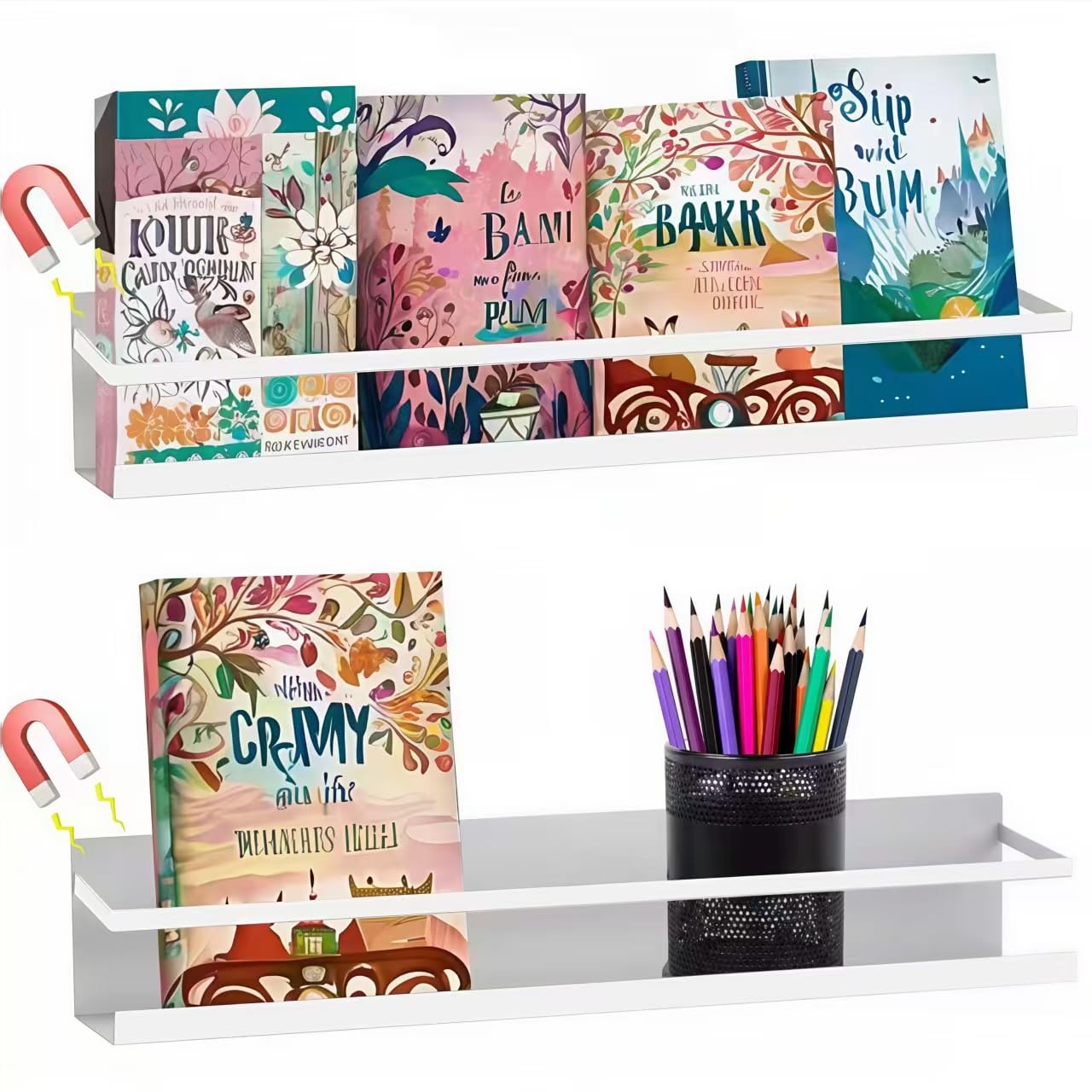 Metal Magnetic Book Shelf for Whiteboard, Metal Magnetic Bookshelf, Book Display Shelf for Teacher Kids Classroom Office (White)