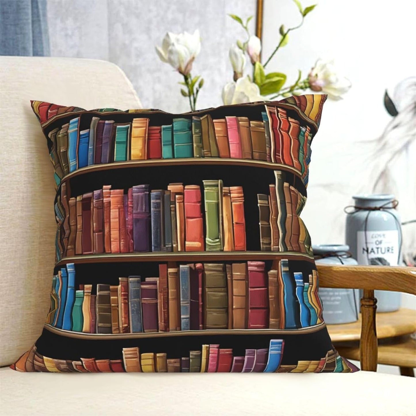 All-Season Square Pillow Covers 18"X18", Library Bookshelf, Decorative Throw Pillow Covers for Sofa Bed Couch, Hidden Zipper Cushion Cover, Square Lumbar & Accent Pillowcases for Home Decor