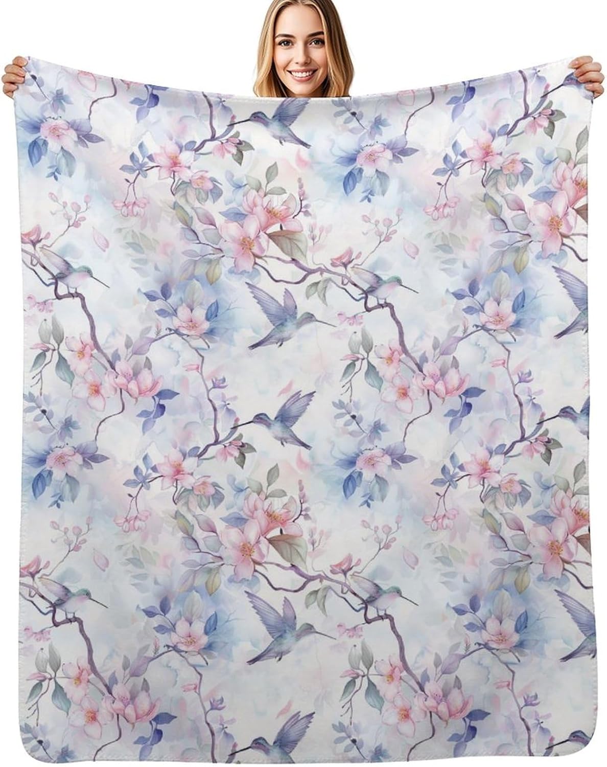 Floral Hummingbird Blanket Gifts for Women Kids, Watercolor Flower Bird Fleece Blankets, Cozy Plush Flannel Throw for Couch, Bed, Living Room Decor 50"x60"