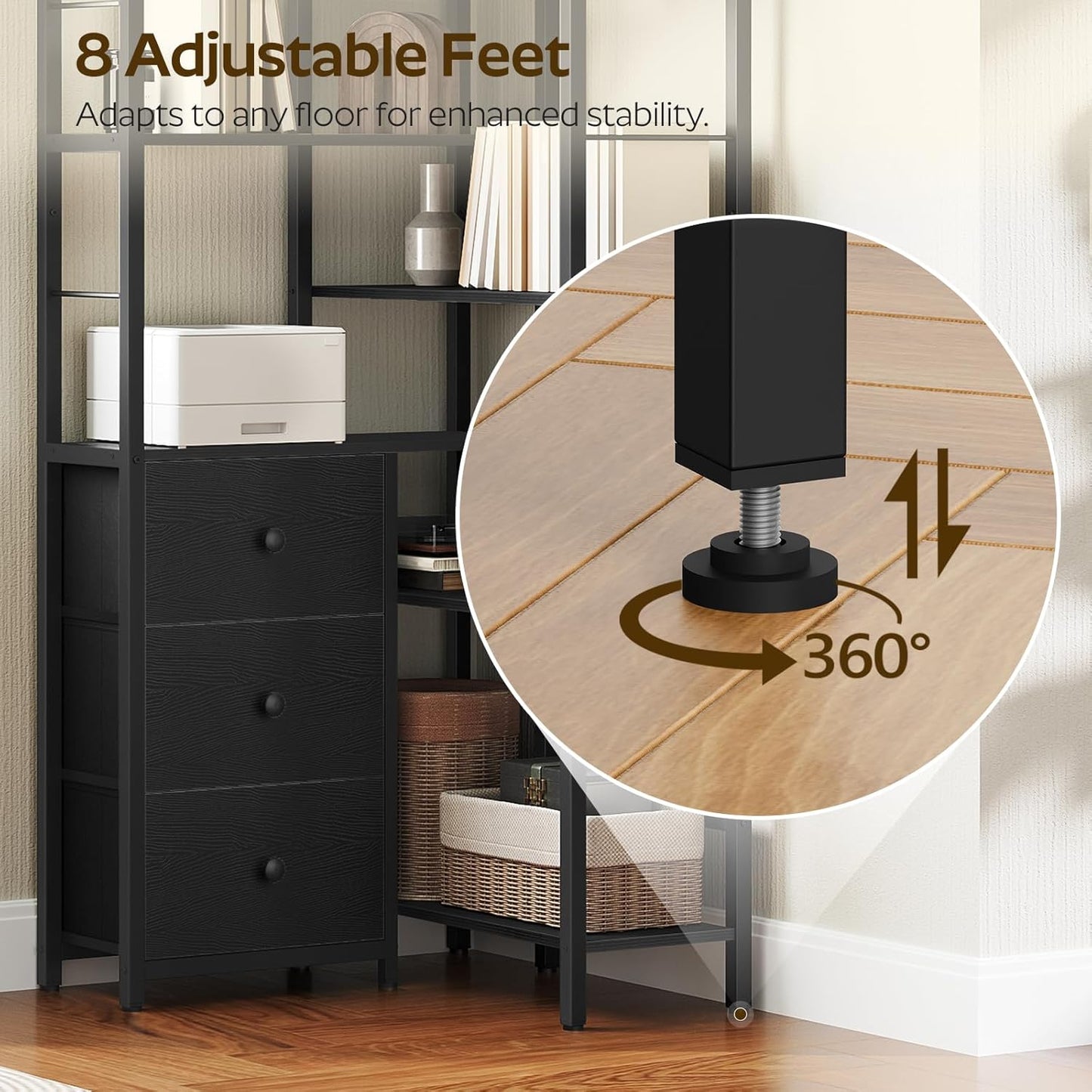 Corner Bookshelf, 7 Tier L-Shaped Bookcase with 3 Drawers, Storage Corner Shelf, Freestanding Tall Display Shelf, Industrial Style, for Living Room, Home Office, Black SJ10BB