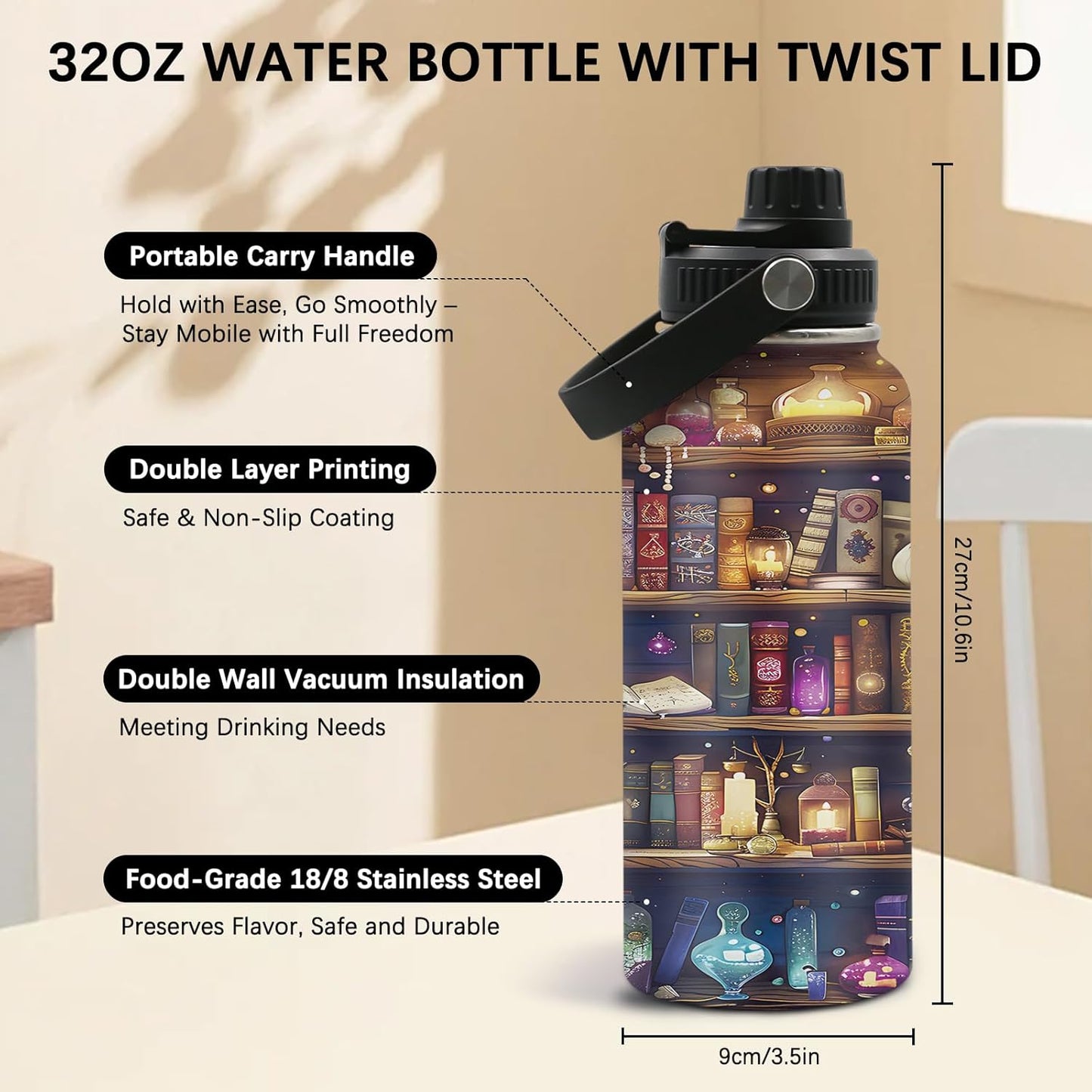 Bookshelf Gift for Booklover, 32oz Water Bottle Bookish Gifts for Women Readers Librarian Birthday Valentines Day , Leakproof Stainless Steel Insulated Tumbler, Book Accessories Travel Mug for Sport
