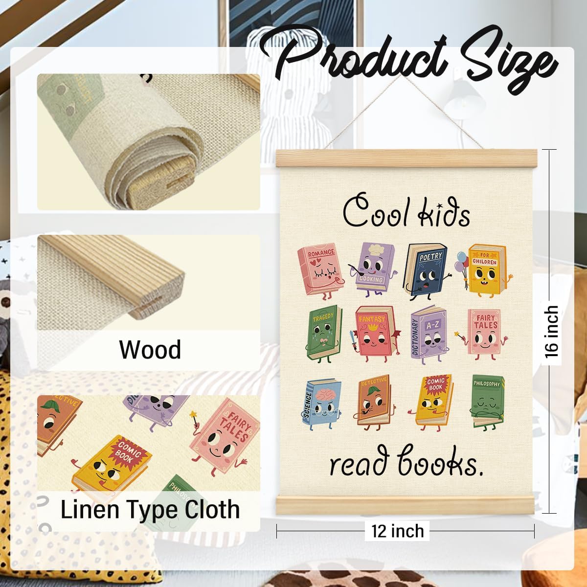 Wheatwin Cool Kids Read Books Wall Art with Wooden Poster Hanger, Reading Corner Decor for Classroom, Reading Nook Decor, Kids Wall Decor, Classroom Wall Decor, 12x16 Inch