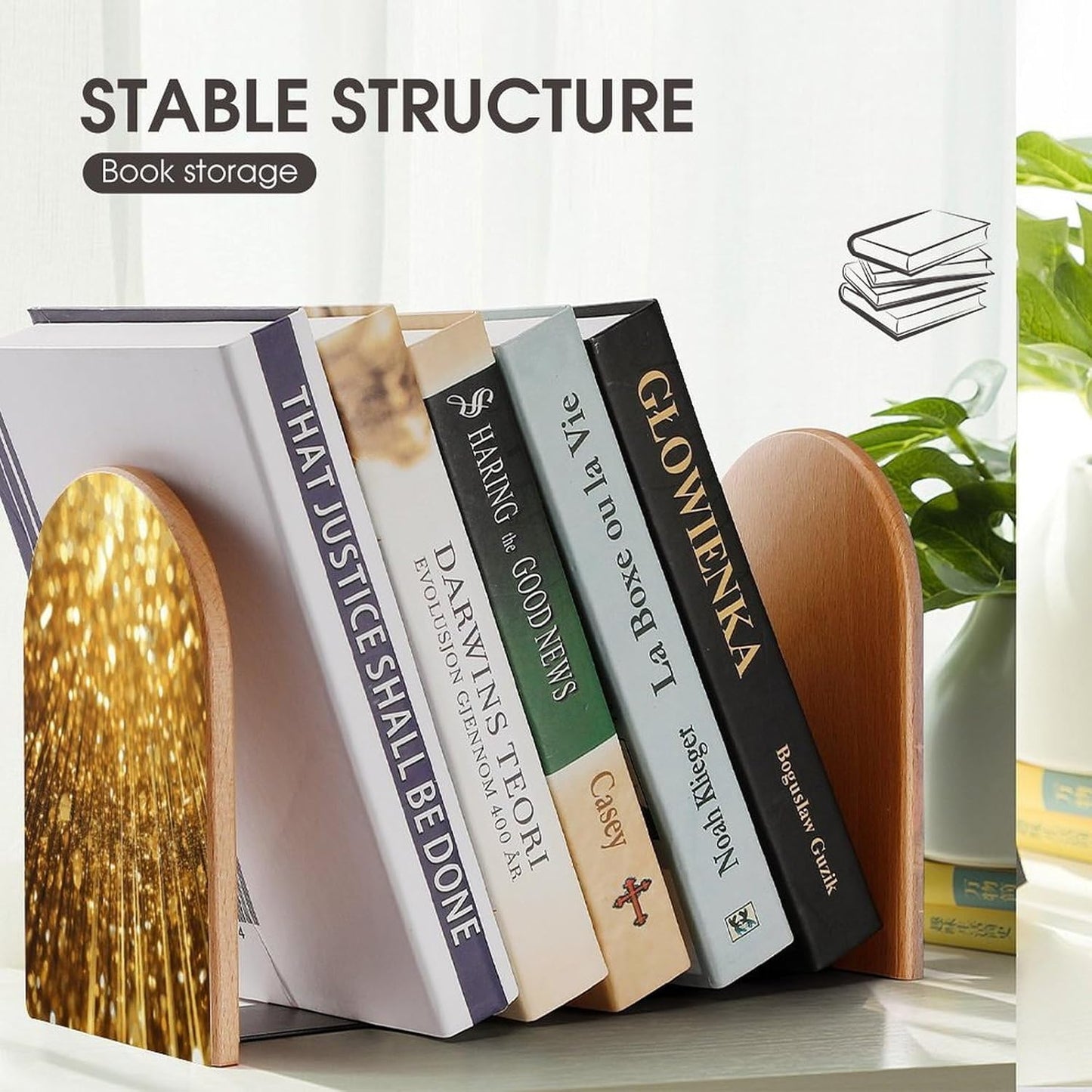 Gold Bling Bookend for Shelves Wooden Book End Large Size Sturdy Book Holders Stoppers with Metal Base for Bookshelves Slick Decorative Bookends Stands