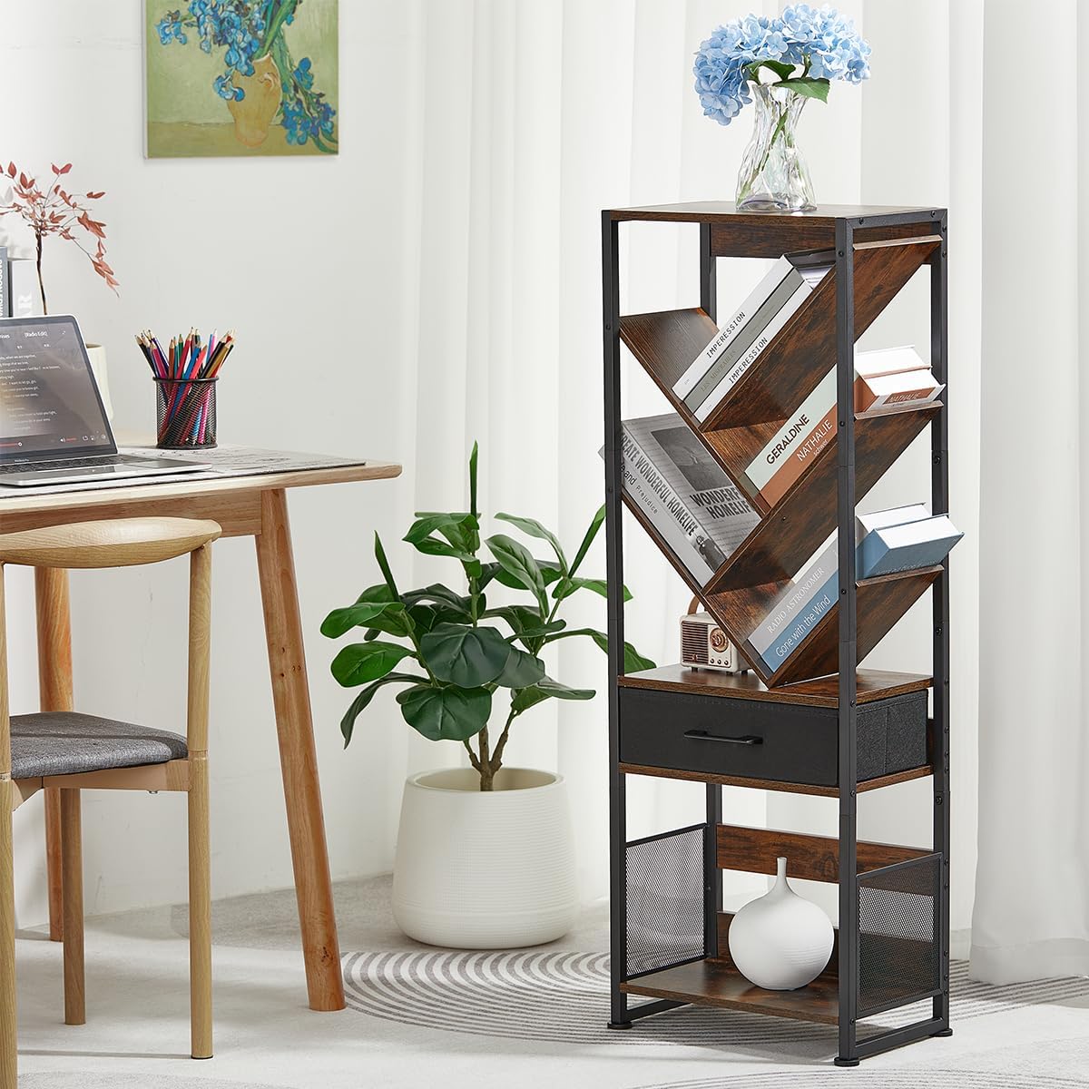 Bookshelf with Drawer,8 Tier Tree Bookcase Retro Floor Standing Bookshelves,Tall Wood Bookcases with Cabinet Storage Organizer for Living Room, Bedroom & Home Office, Classic