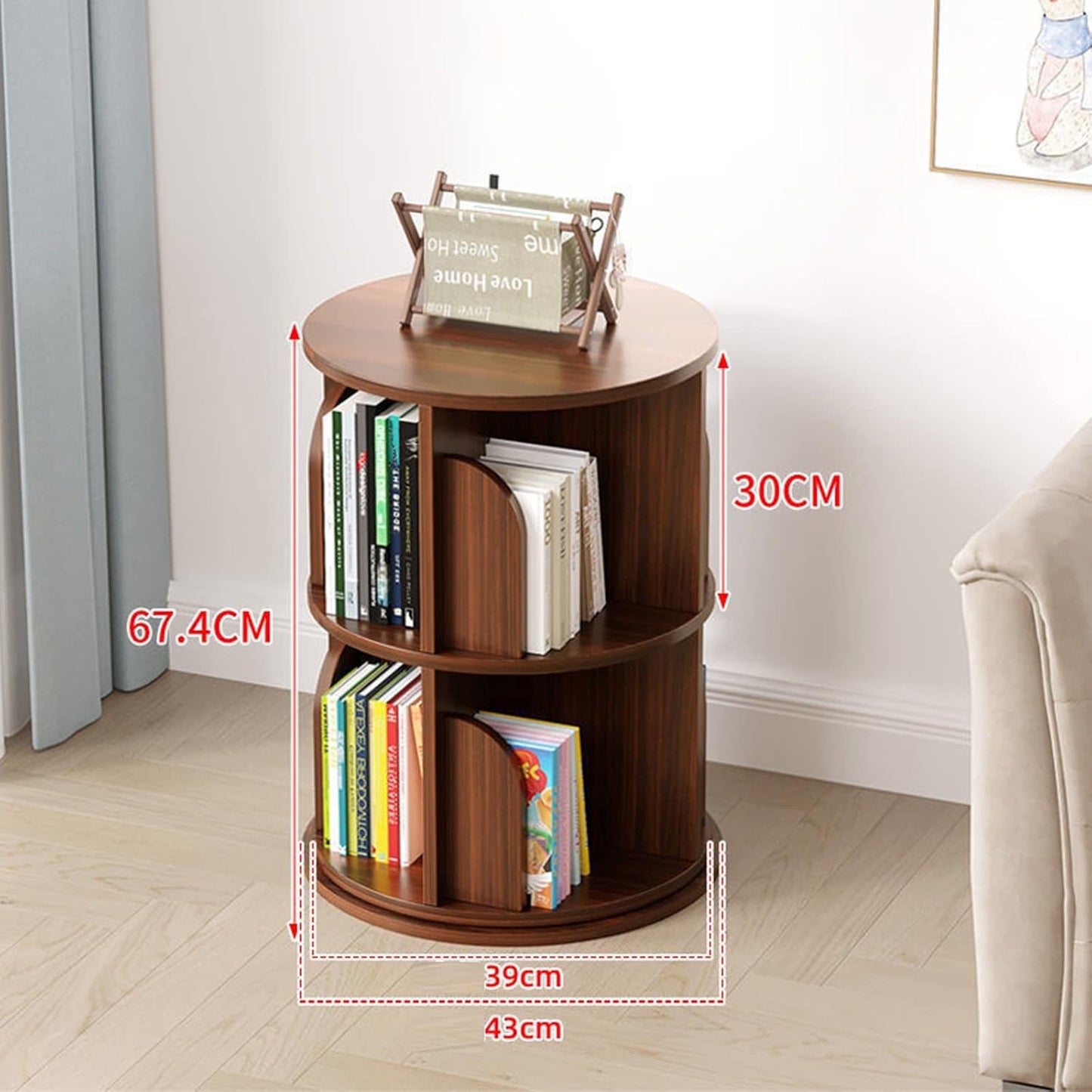 Solid Wood 2-Tier Rotating Bookshelf | Floor Bookshelf for Student Dormitory and Living Room | Shelf Organizer for Office | Bookcase Shelves