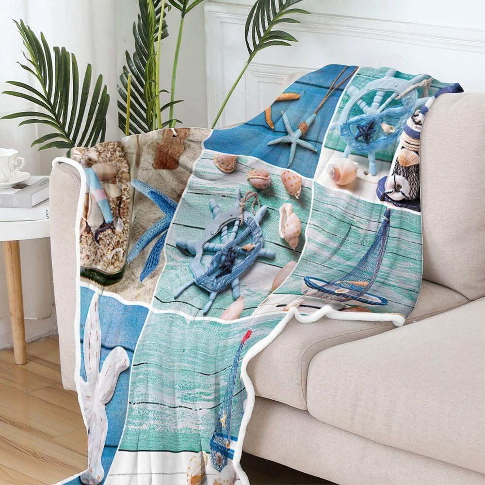 Nautical Throw Blanket for Couch/Bed, Ocean Beach Blanket, Cozy Super Warm Soft Microfiber Fuzzy Flannel Blanket for Kids Girls Boys, Starfish Seashel