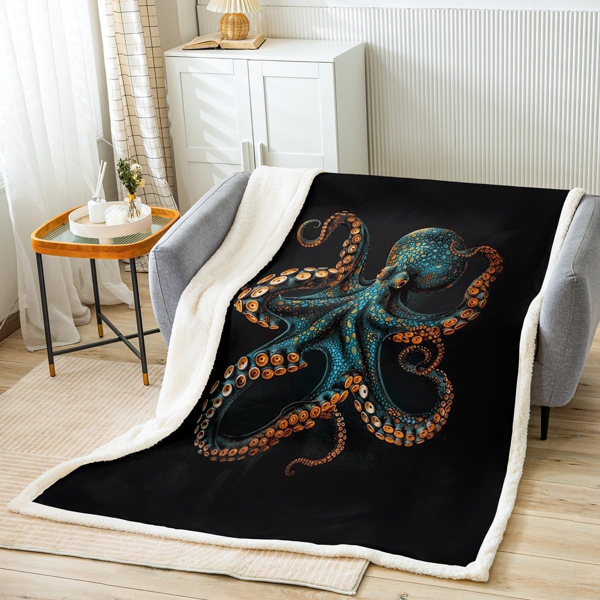Feelyou Blue Black Octopus Fleece Throw Blanket Queen 90"x90" Tentacles Sherpa Blanket Boys Girls Kids for Bed Sofa Couch Room Decor Ocean Kraken Plush Blanket Sealife Sea Animal Fuzzy Blanket