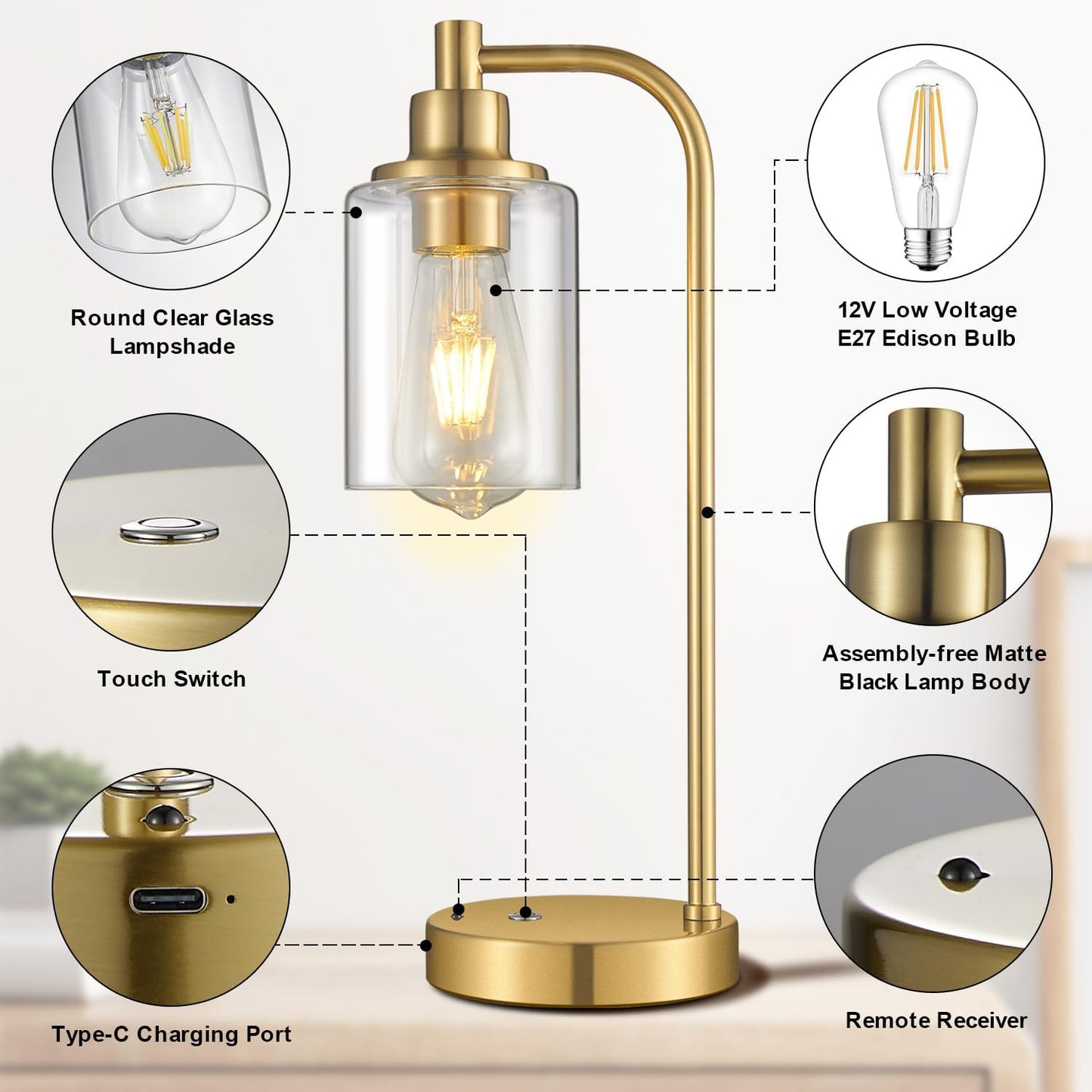 Cordless Table Lamp Rechargeable Gold, 8000mAh Battery Operated Table Lamps with Remote Control, Touch Dimmable Bedside Lamps with Glass Shade, Portable Wireless Lamp for Bedroom, Living Room
