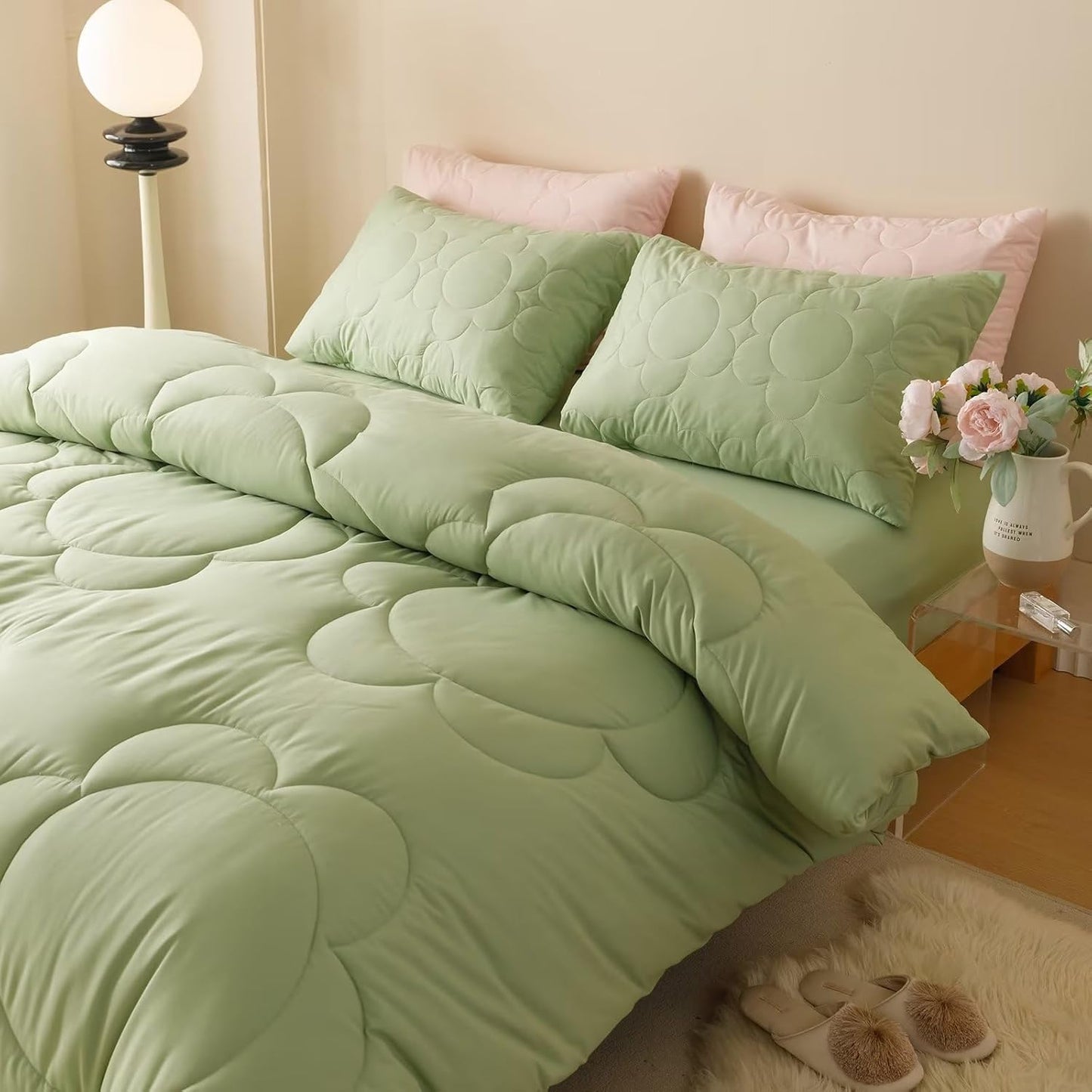Cottonight Sage Sunflower Comforter Set - Queen Size, Light Green Floral Bedding Set - Women's Boho Farmhouse Chic Blanket & Quilts - Soft, Breathable, Grass Green Printed 3 Piece Set