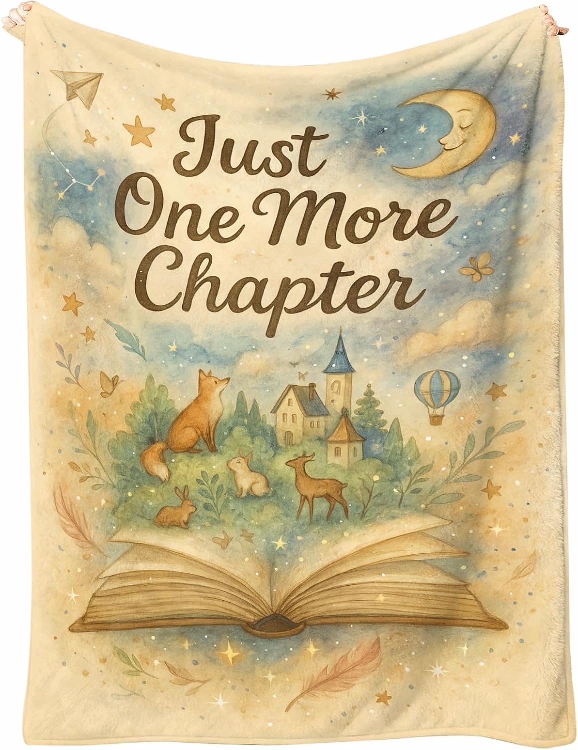 Book Blanket for Readers, 60x50 Flannel Fleece Reading Throw – Chapter-Themed Watercolor, Moon and Stars, Woodland Animals – Cozy Gift for Book Lovers, Couch Sofa Bed