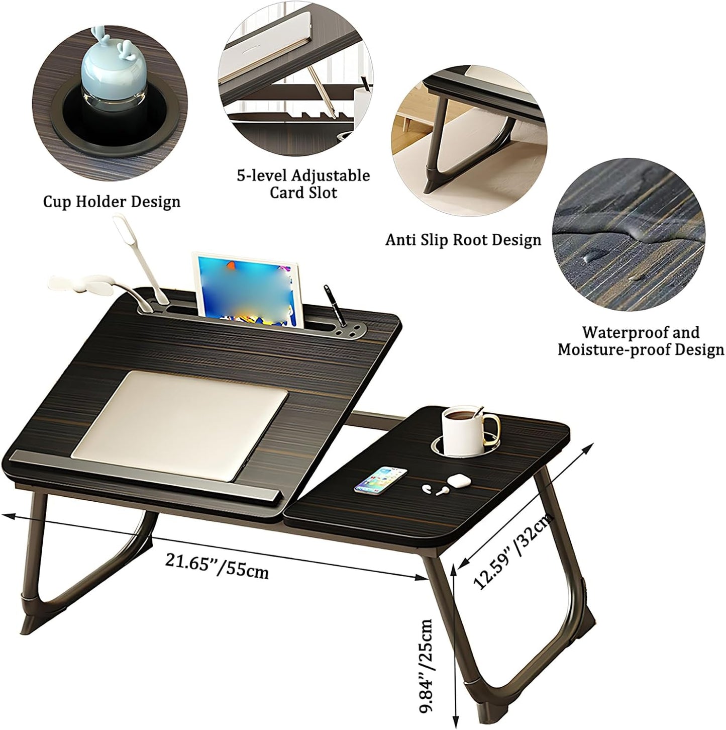 Adjustable Laptop Stand for Bed, Lap Desk, Portable Laptop Table with Cup and Tablet Card Slot, with Baffle Design to Prevent Items from Falling, Suitable for Studying and Working (Black-Upgraded)
