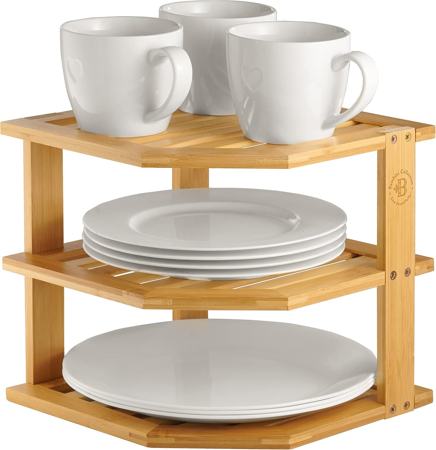Plate Organizer for Cabinet - 3 Tier Bamboo Corner Shelf Cabinet Organizer for Plates, Bowls, Mugs and Pantry Storage, Space Saving Countertop and Cabinet Corner Shelf, 10 x 10 x 9.5 Inch, Bambusi | Kitchen Counter, Cabinet Space Saver, Plates, Dishes, Bo