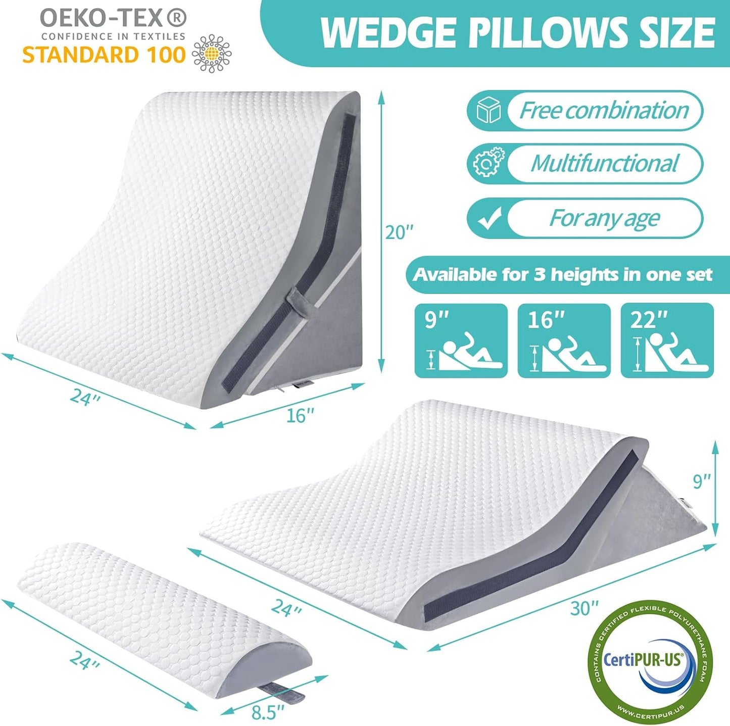 Wedge Pillow for Sleeping, Orthopedic Bed Wedge Pillow Set, 15-in-1 3PCS Adjustable Memory Foam Wedge Pillows Post Surgery, 9 &16 & 20 inches Height 3-in-1 Incline Wedges Pillows