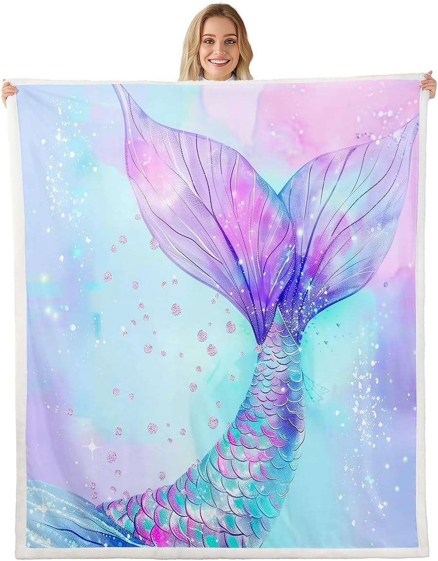 Mermaid Tail Bed Blanket,Blue Purple Mermaid Scale Paint Flannel Blanket for Room Decor,Fantasy Fairy Tale Tie Dye Princess Style Fleece Blanket for Kids,Super Soft Blanket,Throw 50"x60"