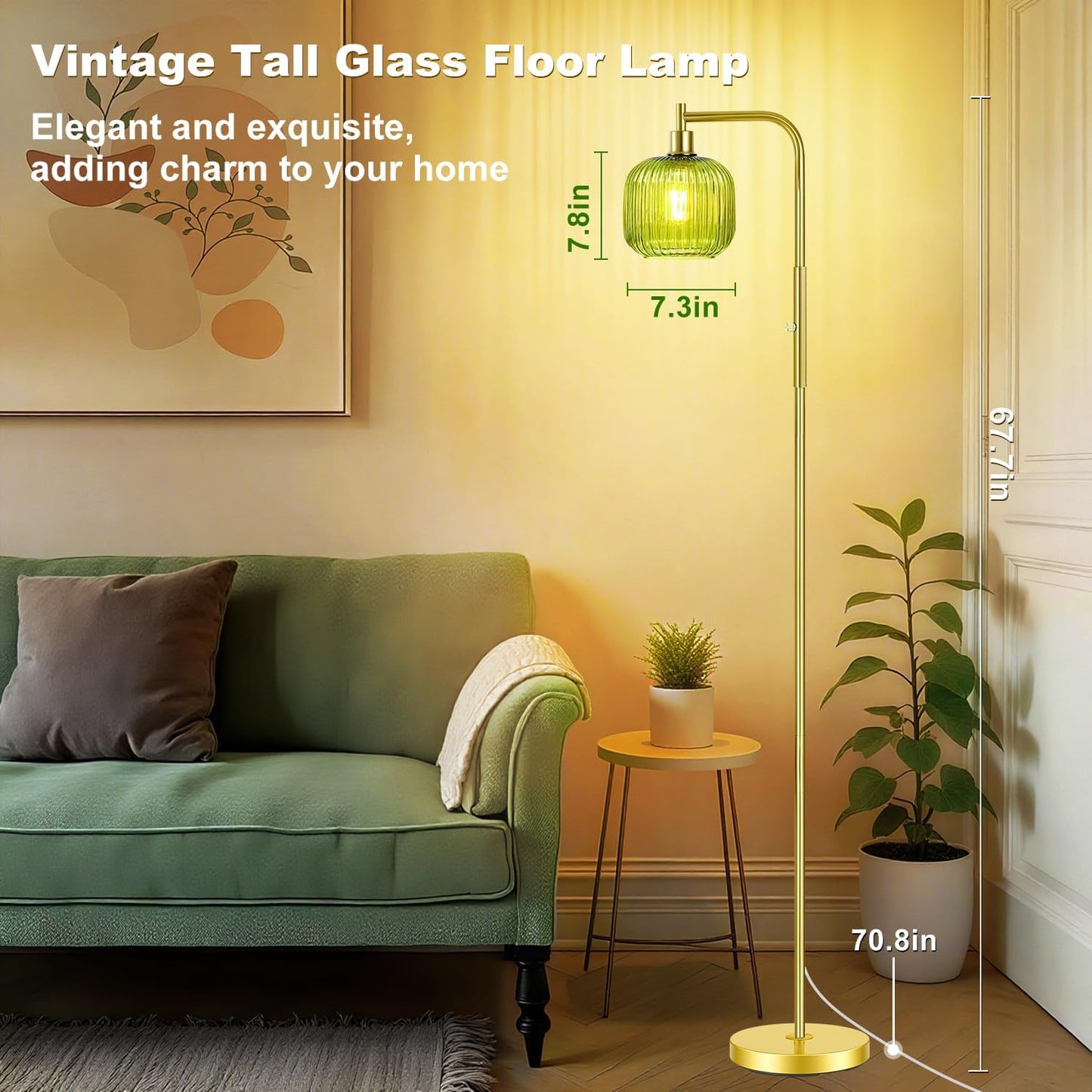 Dimmable Gold Floor Lamp with Ribbed Shade, Vintage Green Standing Lamp dimmable with Solid Base, Arc Floor Lamps Glass for Living Room, Bedroom, Office, Decorative Tall Corner Lamps Gift Use