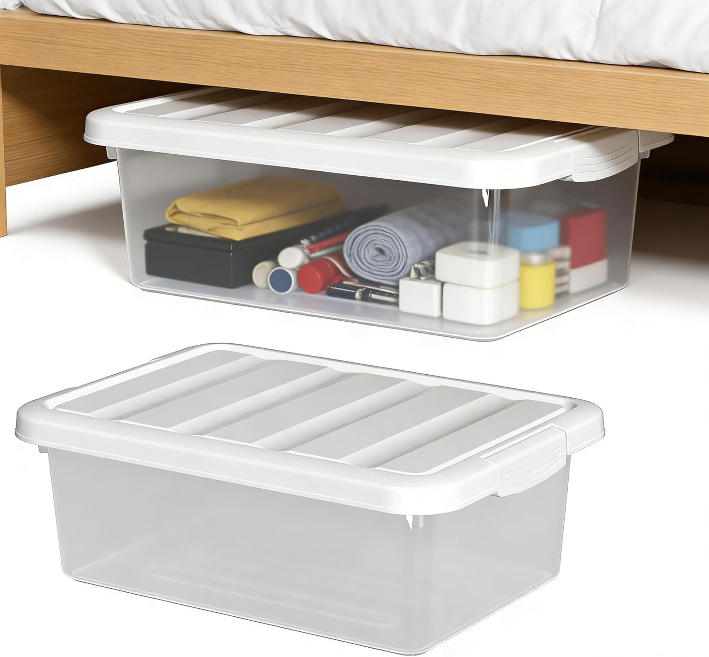 Clear Storage Latch Box 14 Quart, Plastic Organizing Box/Bin with White Lid, 2-Pack