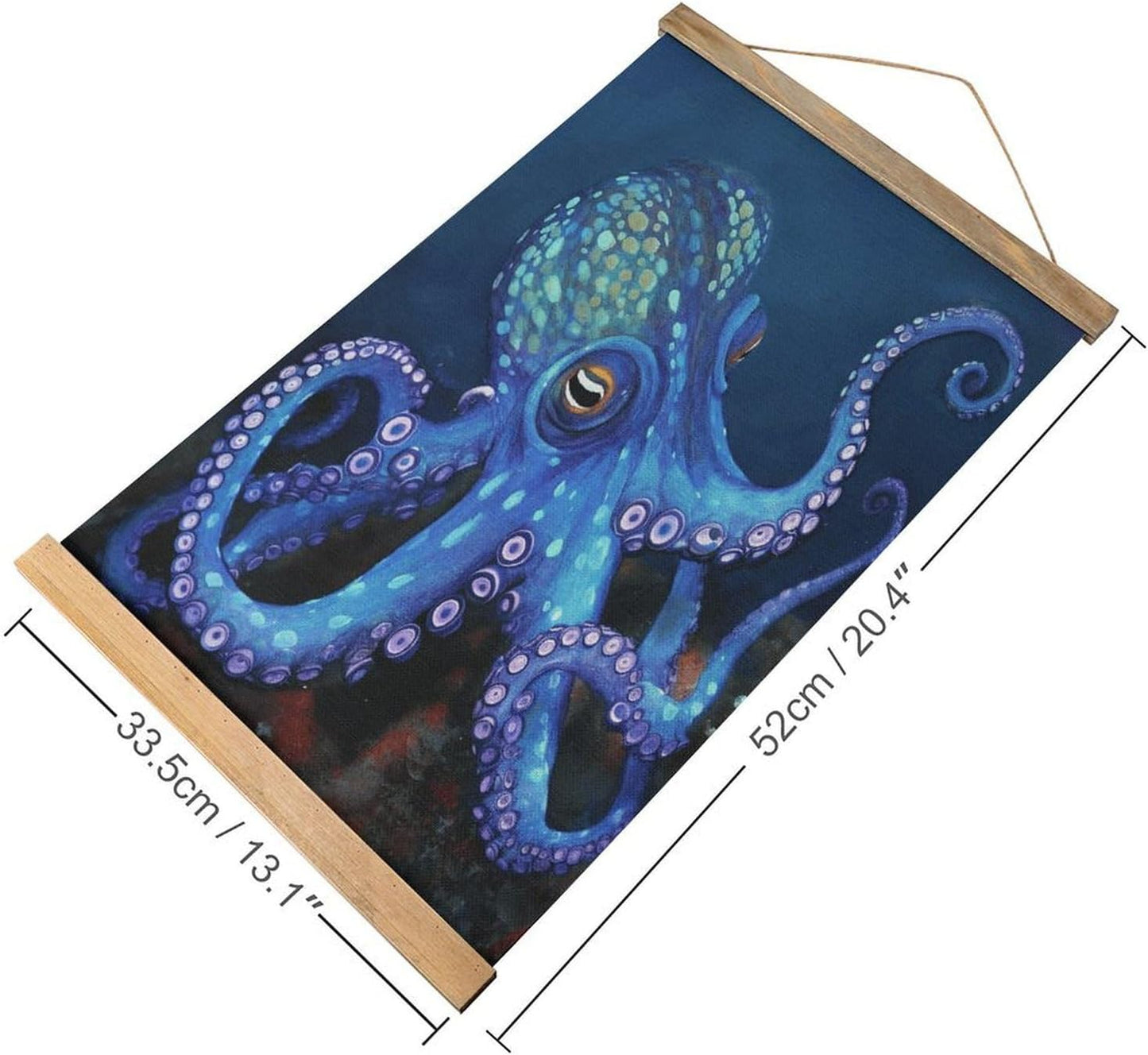 Vintage Blue Octopus Poster with Wooden Frame Personalized Linen Hanging Scroll Painting Rustic Wall Hanging Illustrative Modern Artwork Decor for Home Living Room Bedroom Office