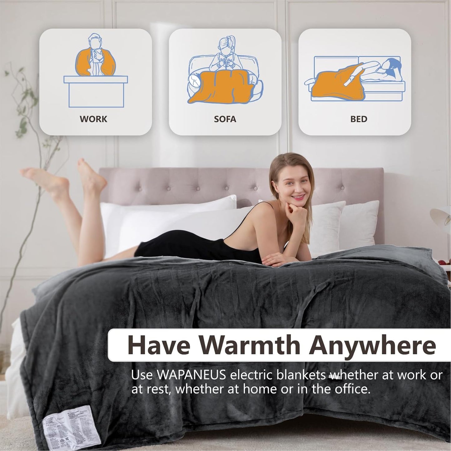Wapaneus Heated Blanket Electric Blanket 62" x 84" Twin Size with 10 Heating Levels and 12 Hours time Settings, Flannel Fast-Heating Electric Blanket, ETL Listed, Machine Washable, Dark Grey