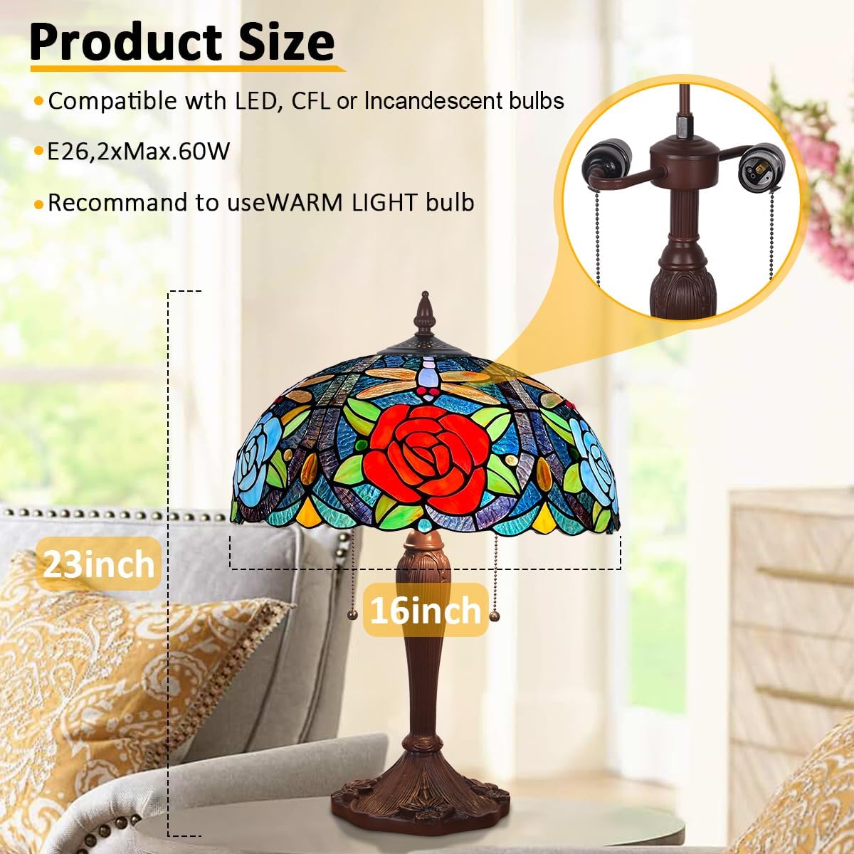 Tiffany Style Table lamp, Dragonfly & Rose Stained Glass Desk Light - Antique 16” Large Nightstand Bedside Reading Light for Living Room Bedroom Office