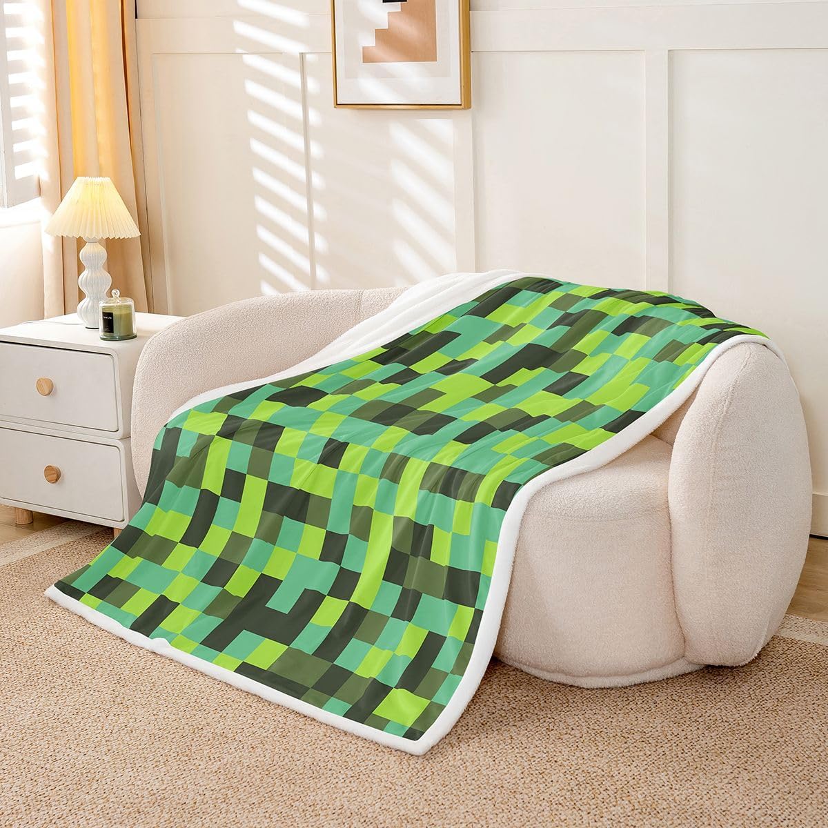 Feelyou Pixelated Neon Green Black Sherpa Throw Blanket for Couch Pixel Art Super Soft Cozy Fleece Geometric Grid Blanket for Winter, Plush Throw Gamepad Grid Baby 30"x40" All Season