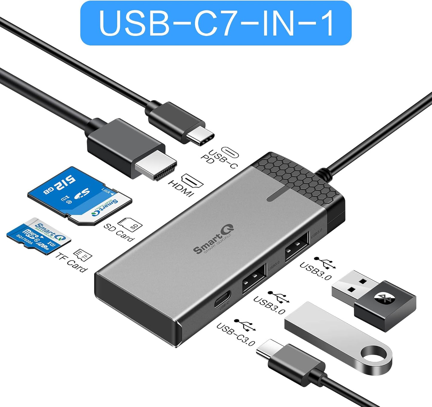 SmartQ H352 7-in-1 USB C Hub with 4K HDMI, 100W PD, USB-C Data Port, 2 USB-A 5Gbps, SD Card Reader & MicroSD Slot, Compatible with MacBook Air/Pro, XPS, Laptops, Tablets, Desktops