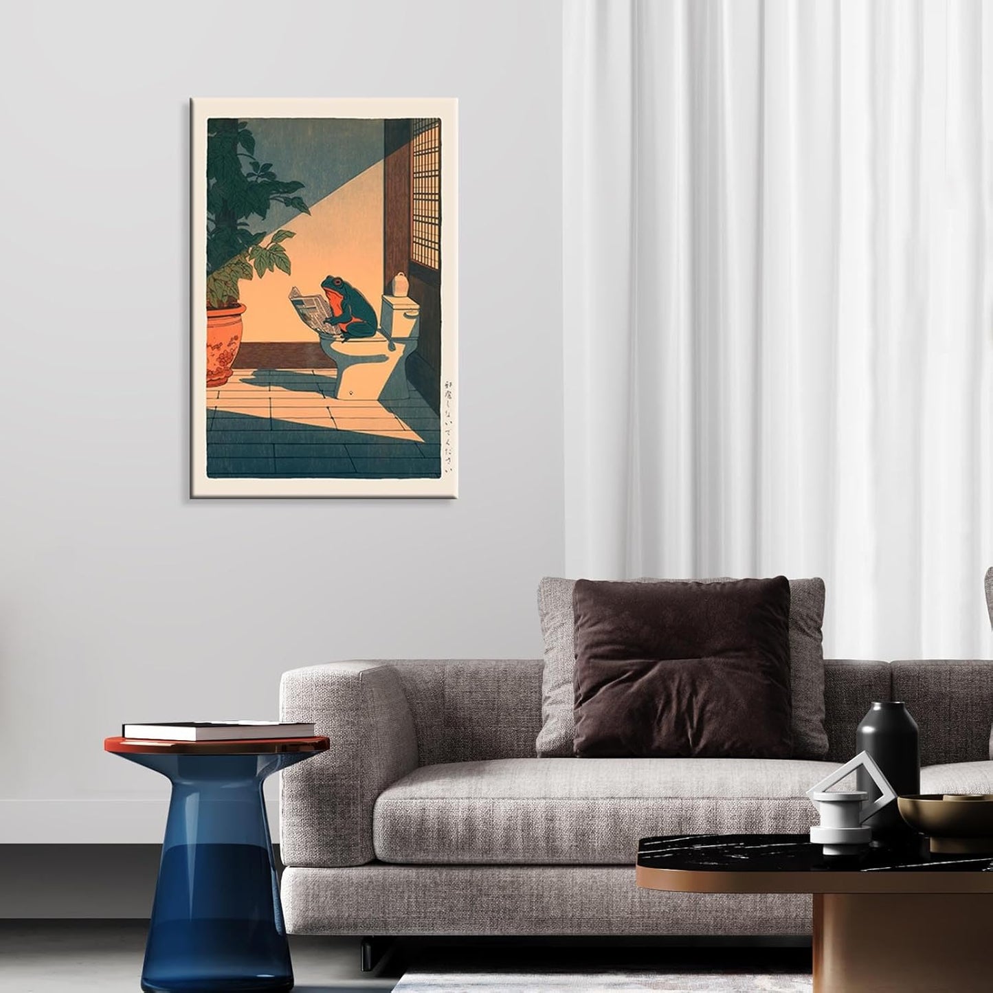 Vintage Frog Bathroom Canvas Wall Art Funny Frog Sitting On The Toilet Reading Newspaper Poster Cute Japan Animal Plants Aesthetic Prints For Home Dorm Toilet Wall Decor 12x16in Unframed
