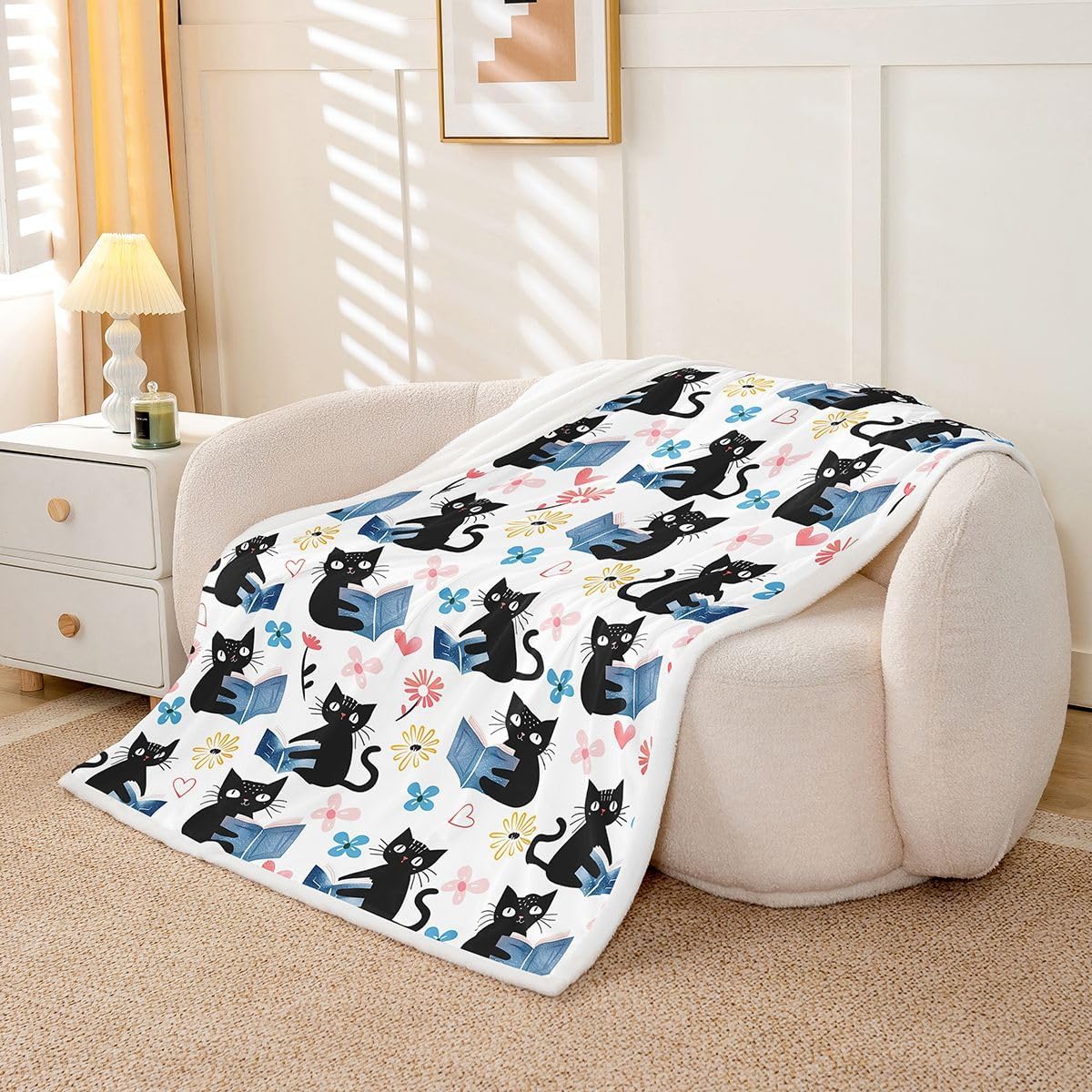Erosebridal Kawaii Pet Cat Sherpa Blanket Black Kitten Cat Lovers Fuzzy Plush Throw Trendy Preppy Florals Fleece Blanket for Kids Adults Cute Animals Reading Aesthetic Decor for Bed Couch Twin Size