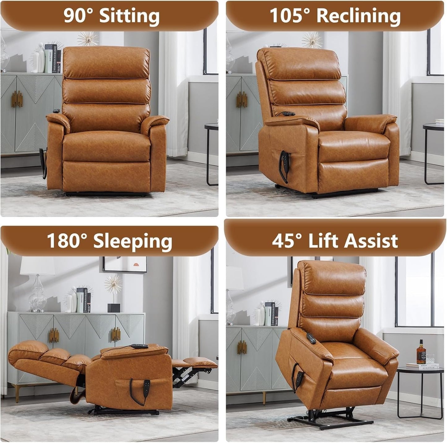 Luxury Dual Motor Power Lift Chair for Elderly, Infinite Position Recliner with Heat and Massage, Breathable Leather High Back Sofa with Remote Control for Living Room
